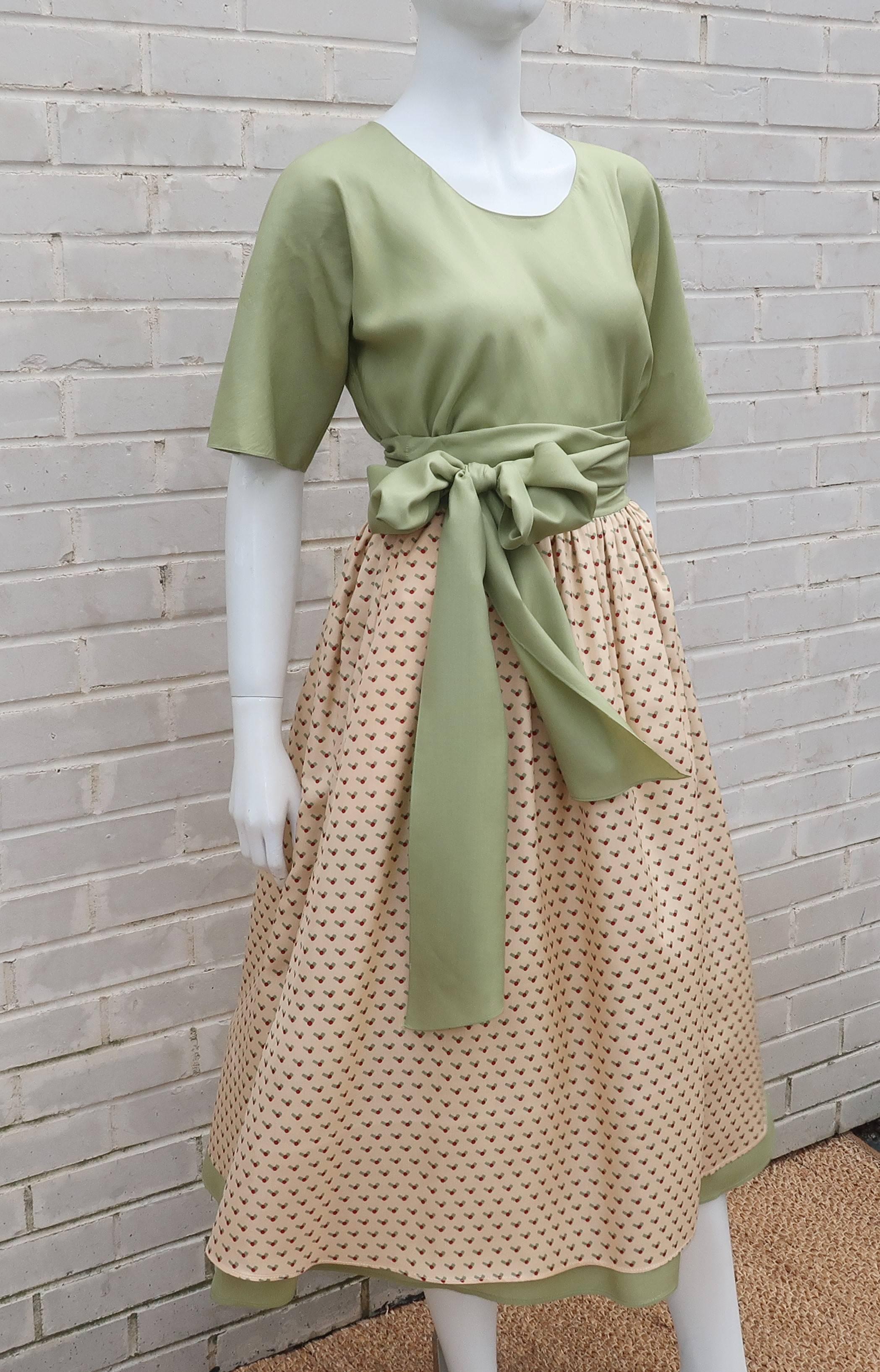 Women's 1970's Charlotte Ford Sage Green Silk Wrap Skirt With Print