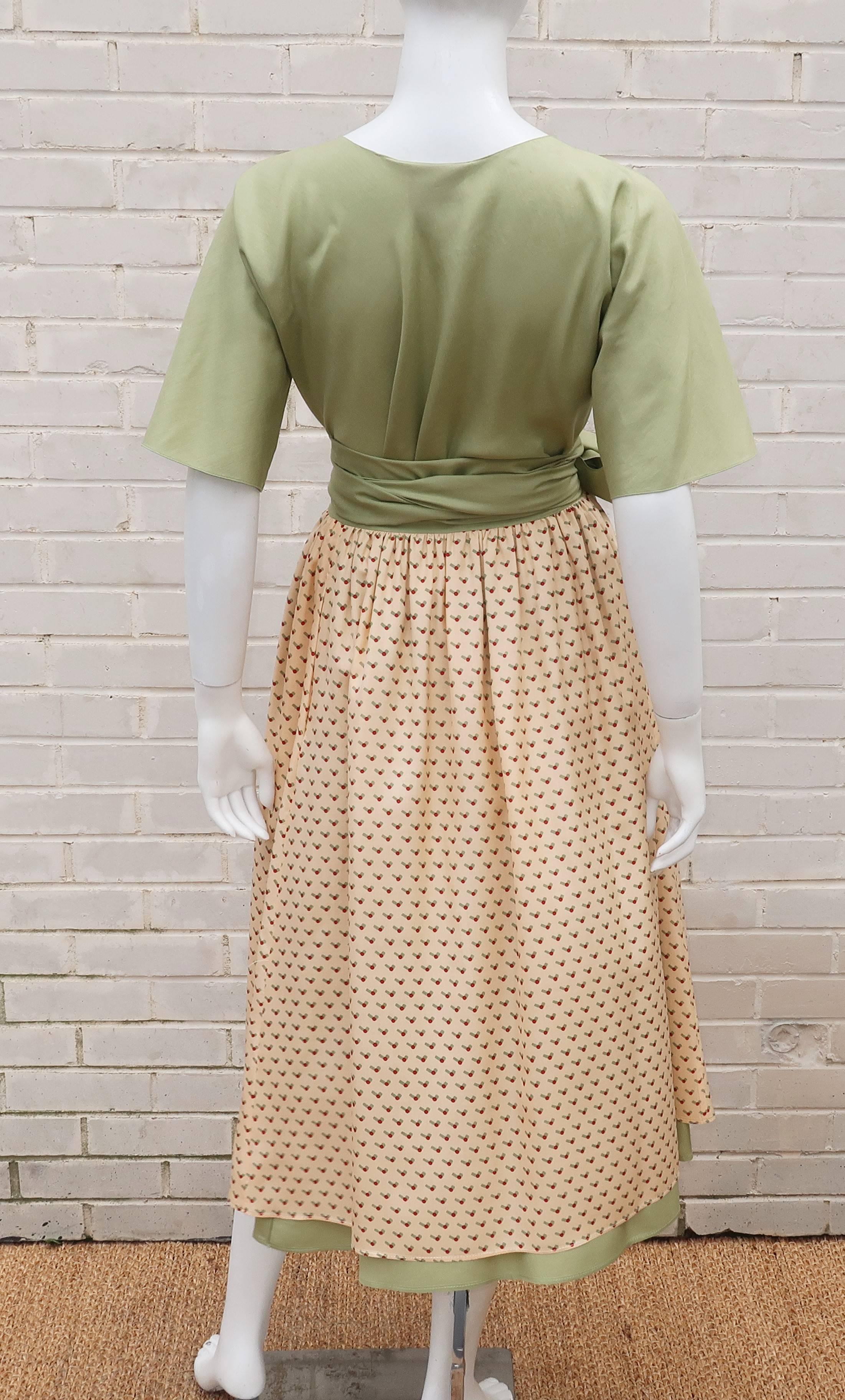 1970's Charlotte Ford Sage Green Silk Wrap Skirt With Print 1