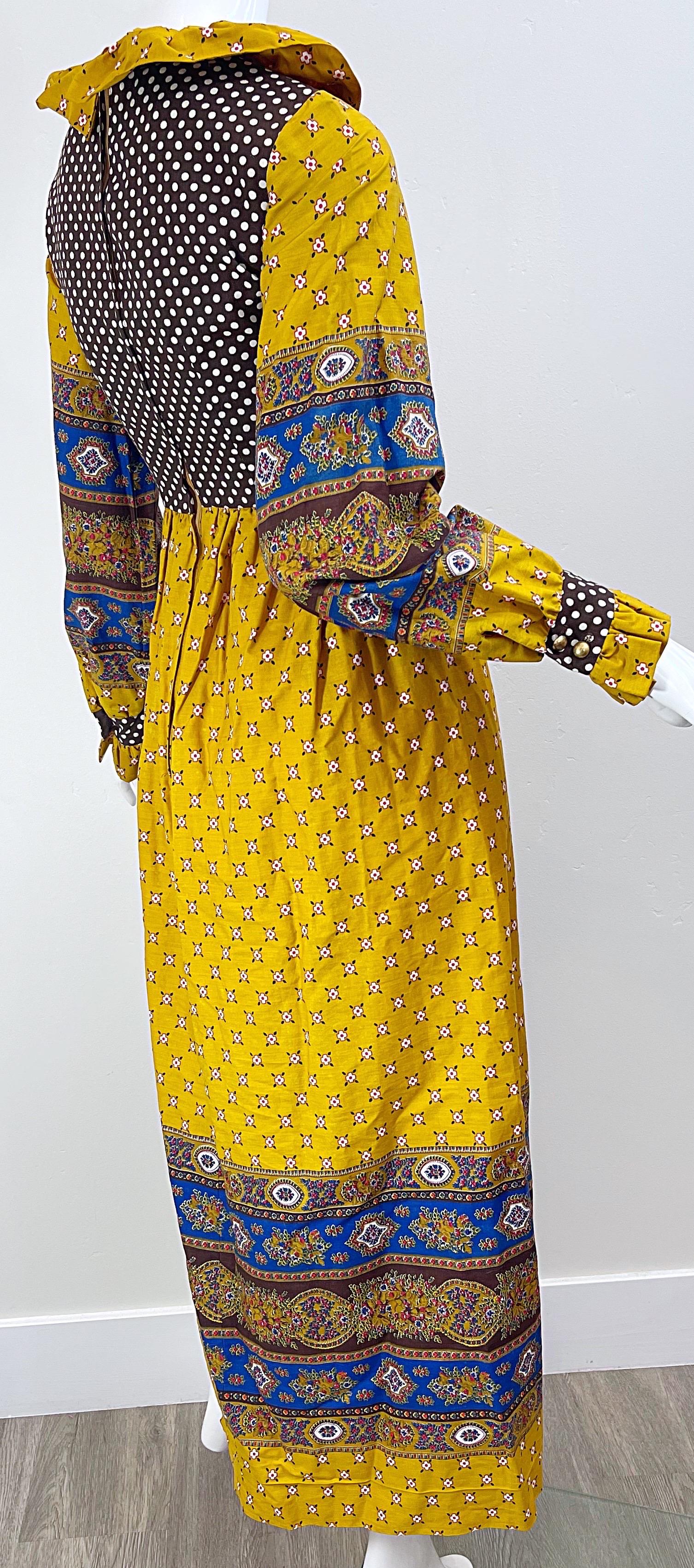 1970 Charm of Hollywood Boho Chic Flower 70s Vintage Yellow Brown Maxi Dress en vente 5