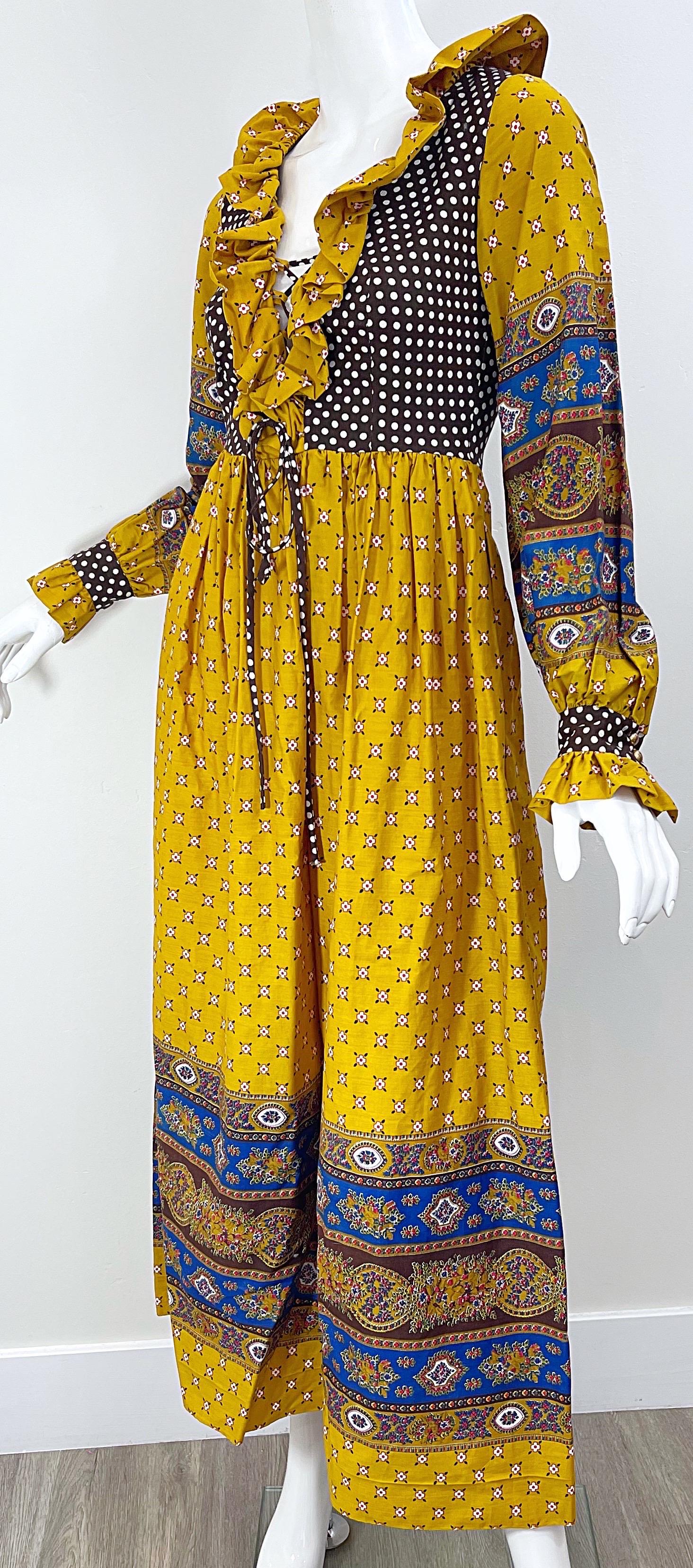 1970 Charm of Hollywood Boho Chic Flower 70s Vintage Yellow Brown Maxi Dress en vente 7