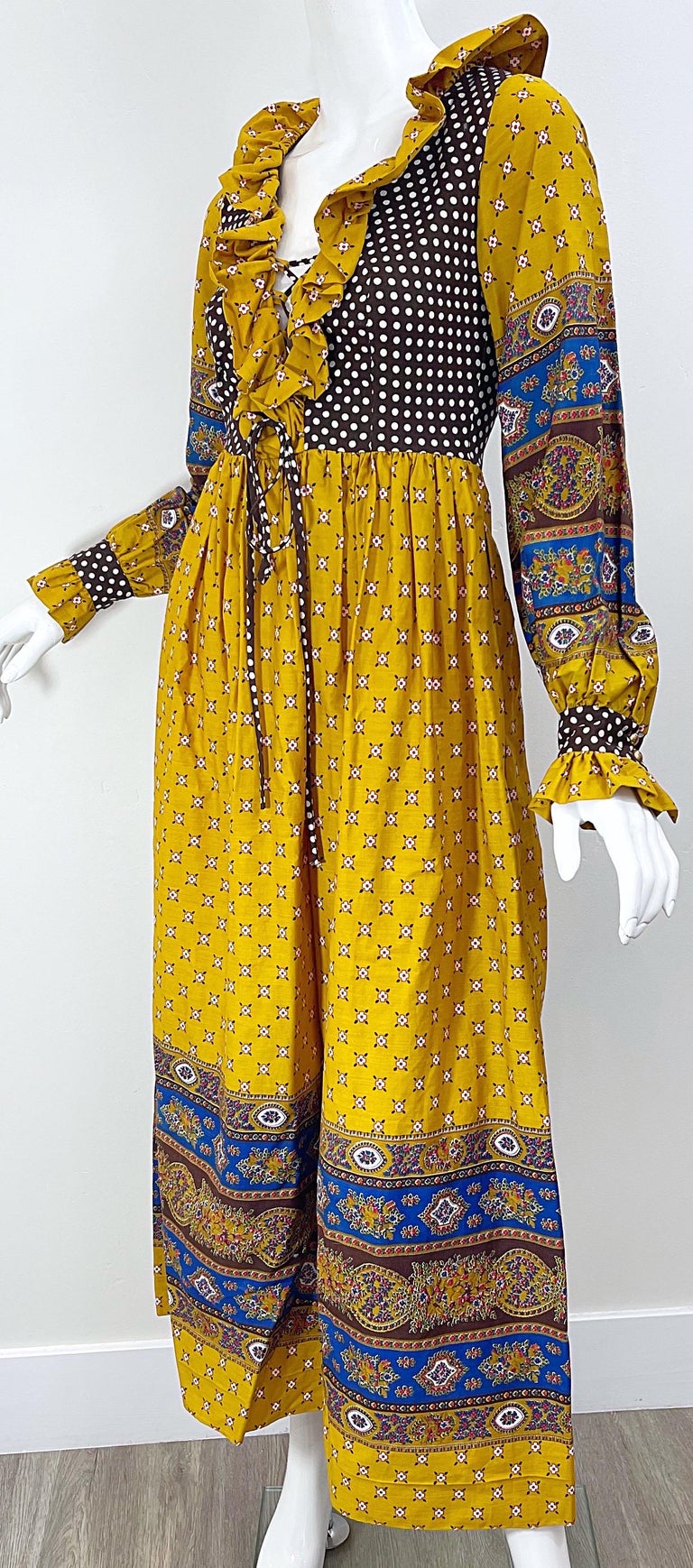 1970s Charm of Hollywood Boho Chic Flower 70s Vintage Yellow Brown Maxi Dress For Sale 8