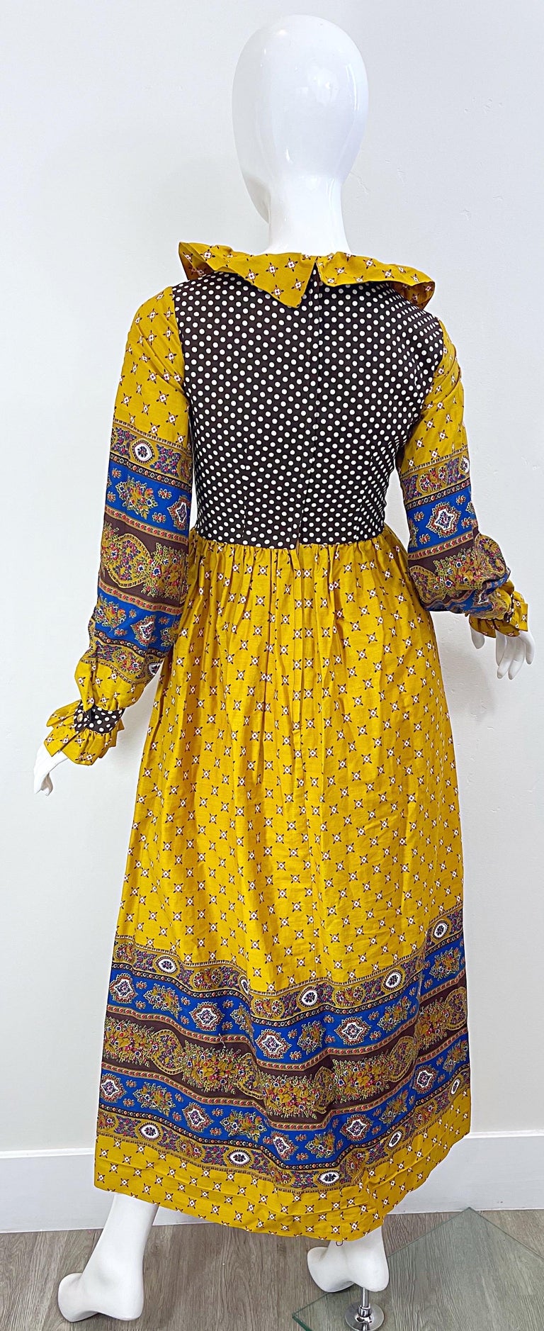 1970s Charm of Hollywood Boho Chic Flower 70s Vintage Yellow Brown Maxi Dress For Sale 9