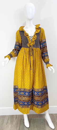 1970s Charm of Hollywood Boho Chic Flower 70s Vintage Yellow Brown Maxi Dress