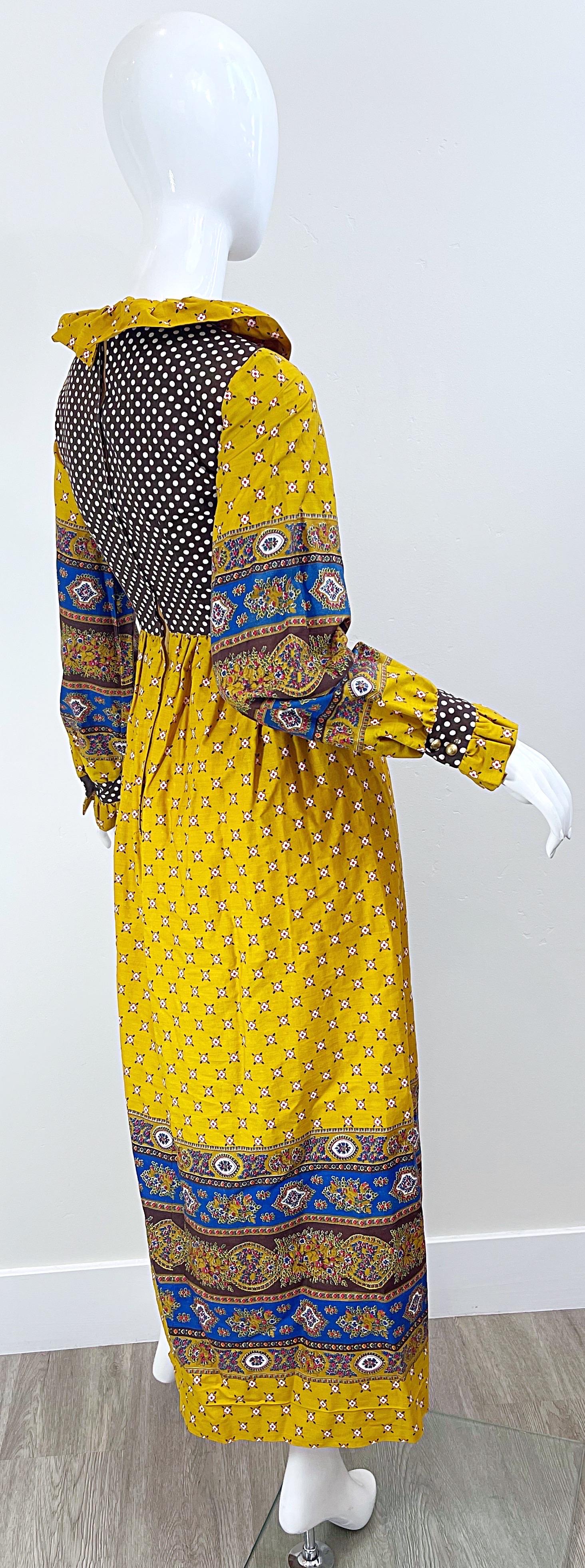 1970 Charm of Hollywood Boho Chic Flower 70s Vintage Yellow Brown Maxi Dress Pour femmes en vente