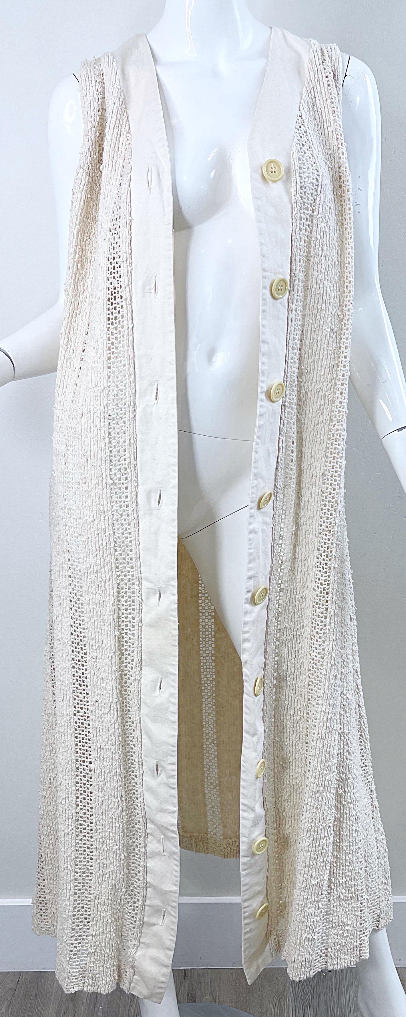 1970s Charm of Hollywood Ivory Off White Crochet Sheer Vintage Maxi Duster Vest For Sale 7
