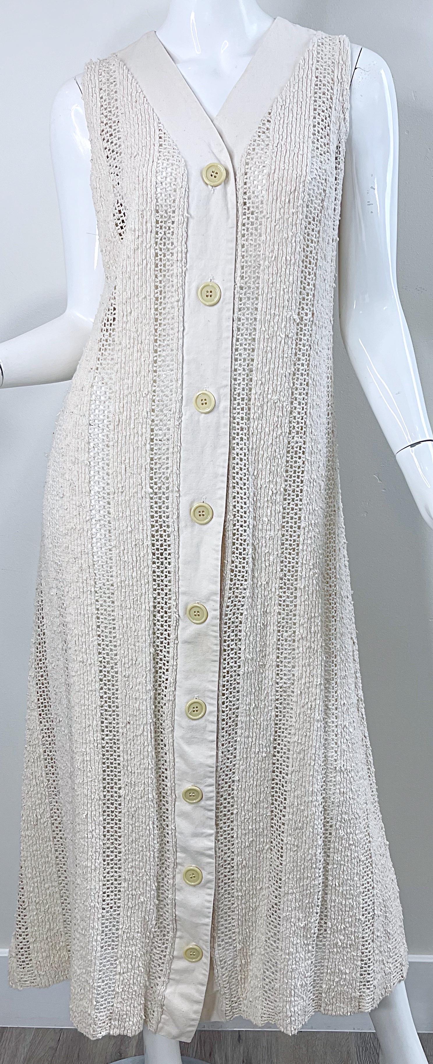 1970s Charm of Hollywood Ivory Off White Crochet Sheer Vintage Maxi Duster Vest For Sale 8