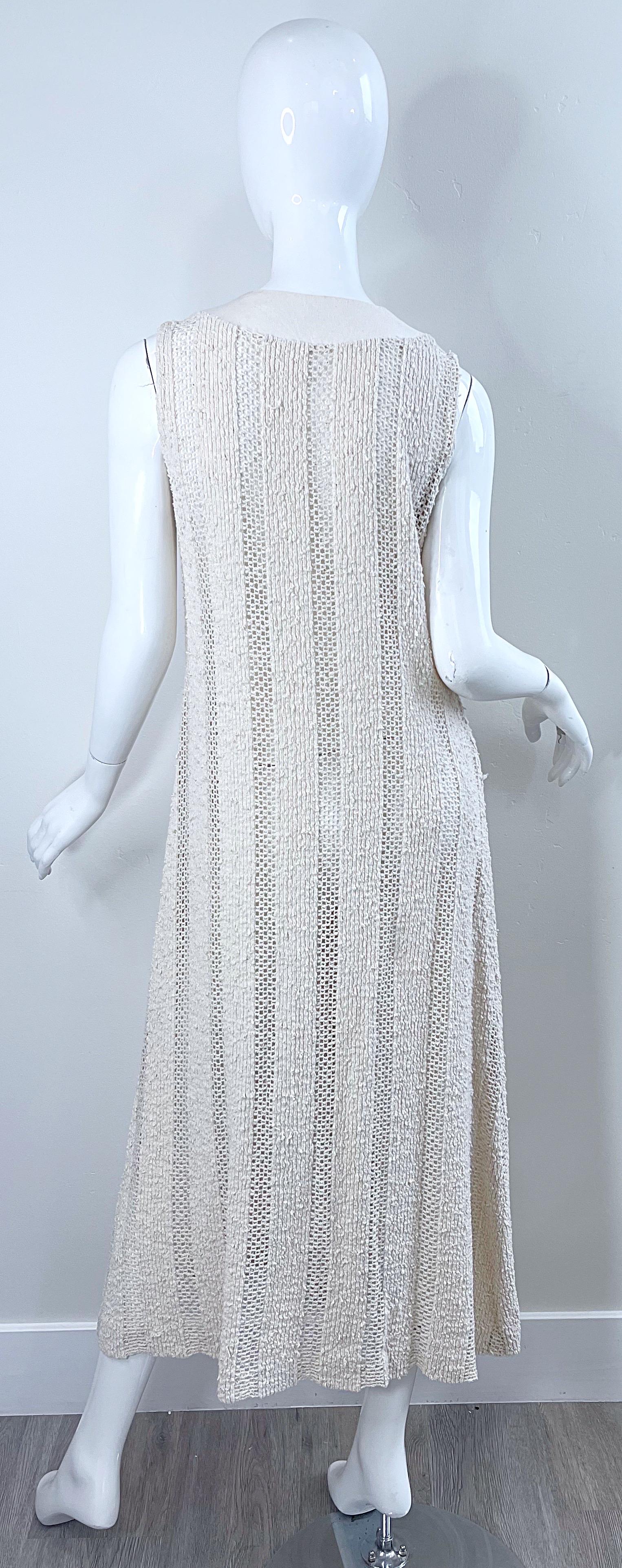 1970s Charm of Hollywood Ivory Off White Crochet Sheer Vintage Maxi Duster Vest For Sale 9