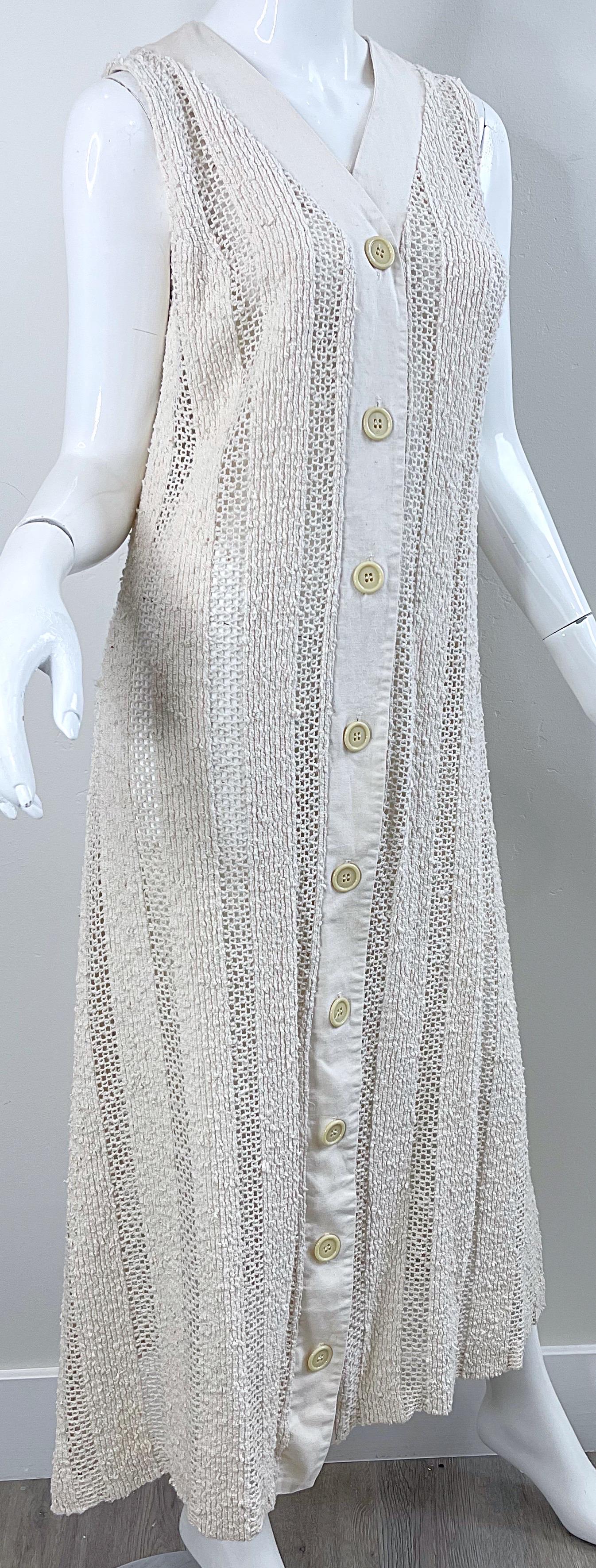 1970s Charm of Hollywood Ivory Off White Crochet Sheer Vintage Maxi Duster Vest For Sale 10
