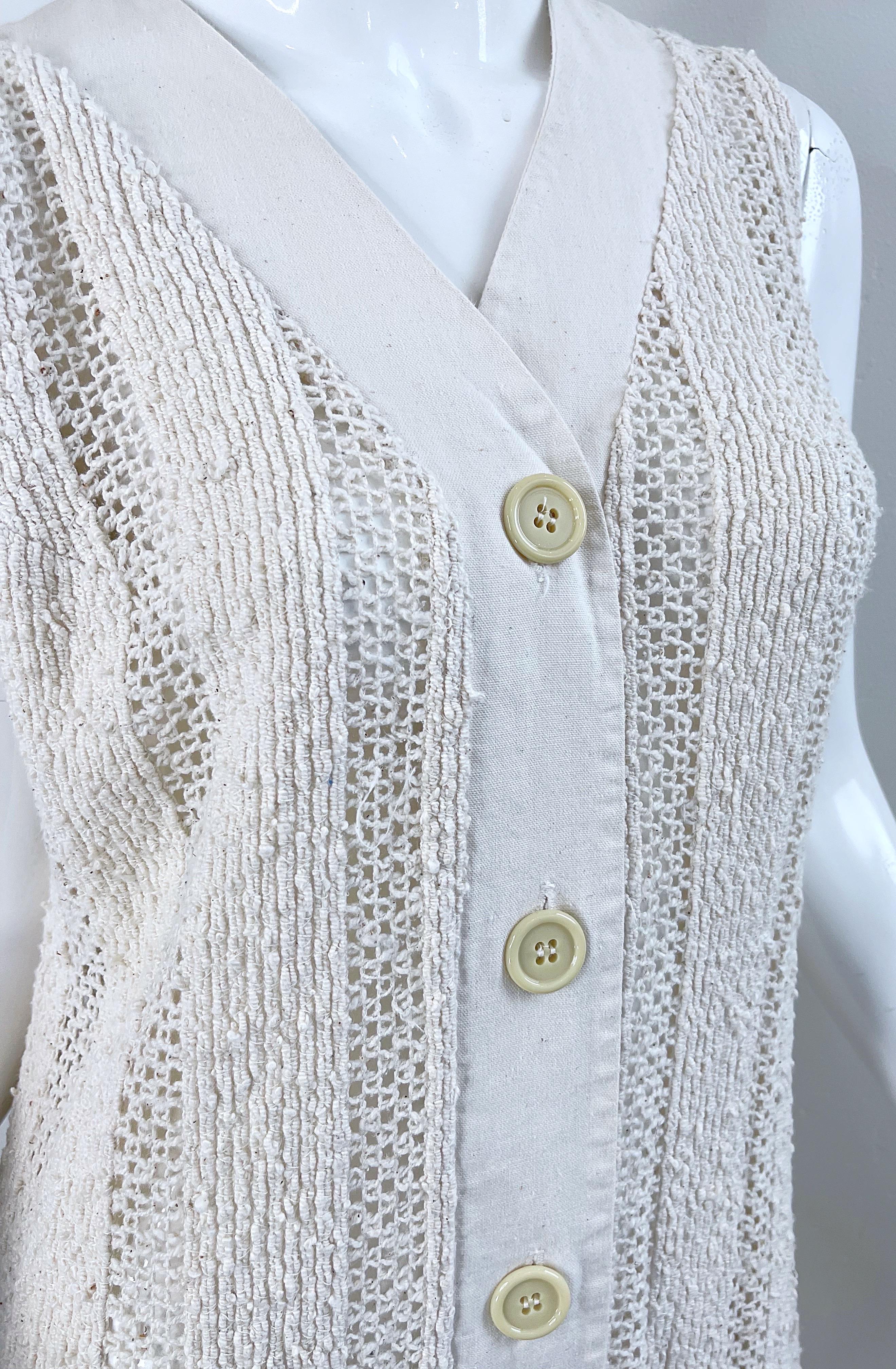 1970s Charm of Hollywood Ivory Off White Crochet Sheer Vintage Maxi Duster Vest For Sale 11