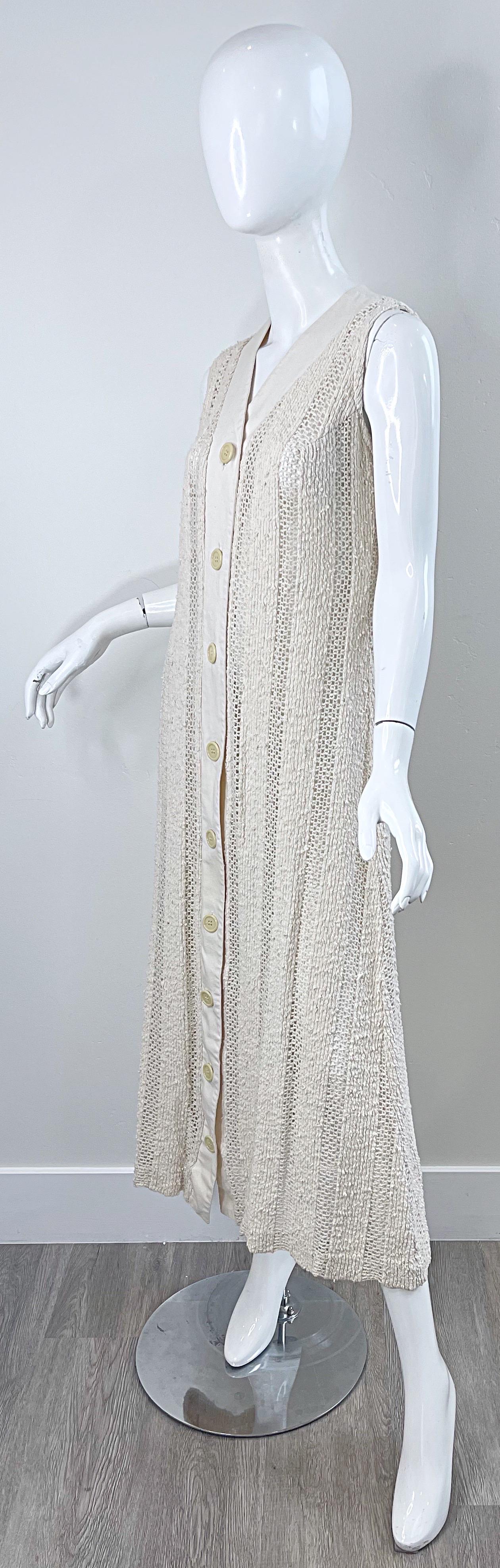 1970s Charm of Hollywood Ivory Off White Crochet Sheer Vintage Maxi Duster Vest For Sale 12