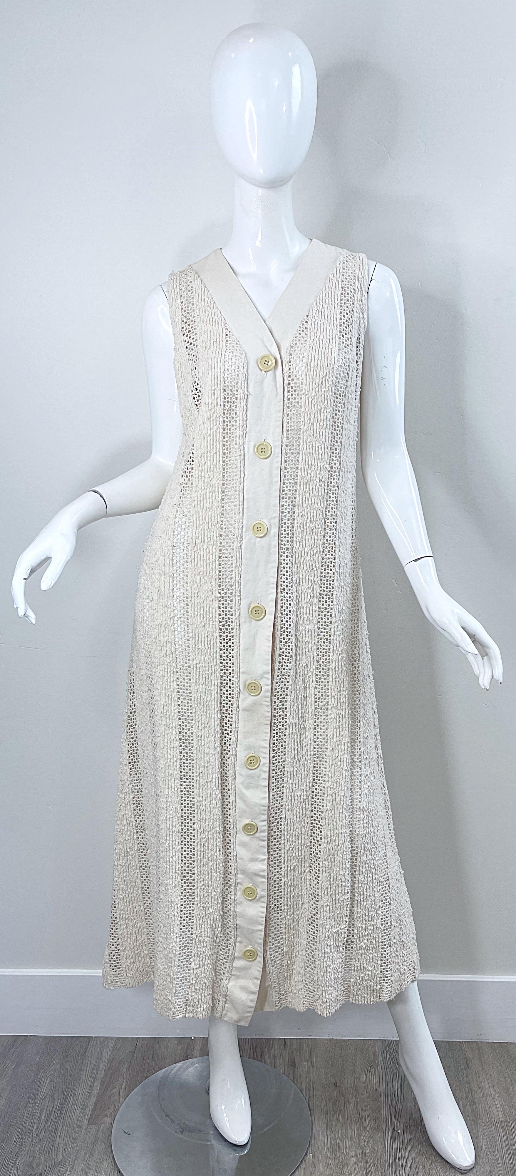 1970s Charm of Hollywood Ivory Off White Crochet Sheer Vintage Maxi Duster Vest For Sale 13