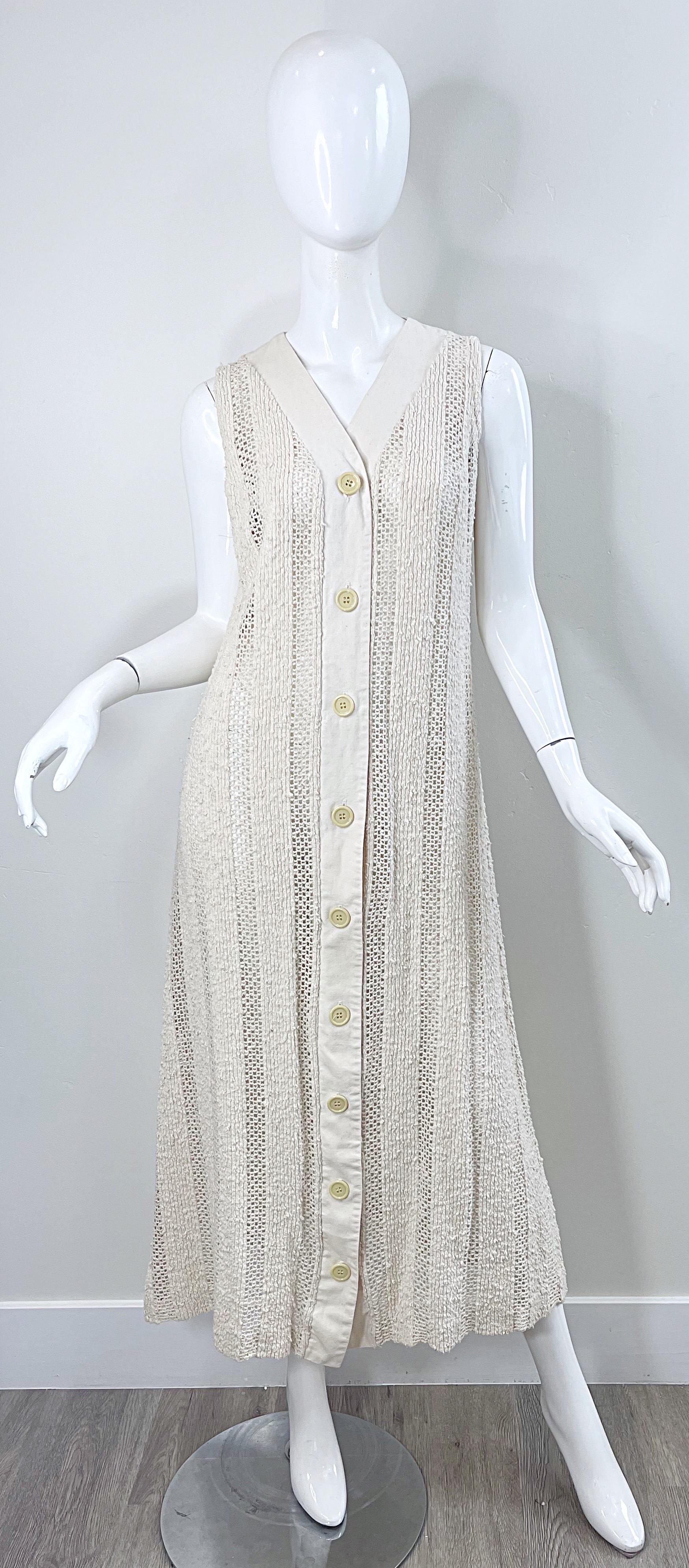 1970s Charm of Hollywood Ivory Off White Crochet Sheer Vintage Maxi Duster Vest In Excellent Condition For Sale In San Diego, CA