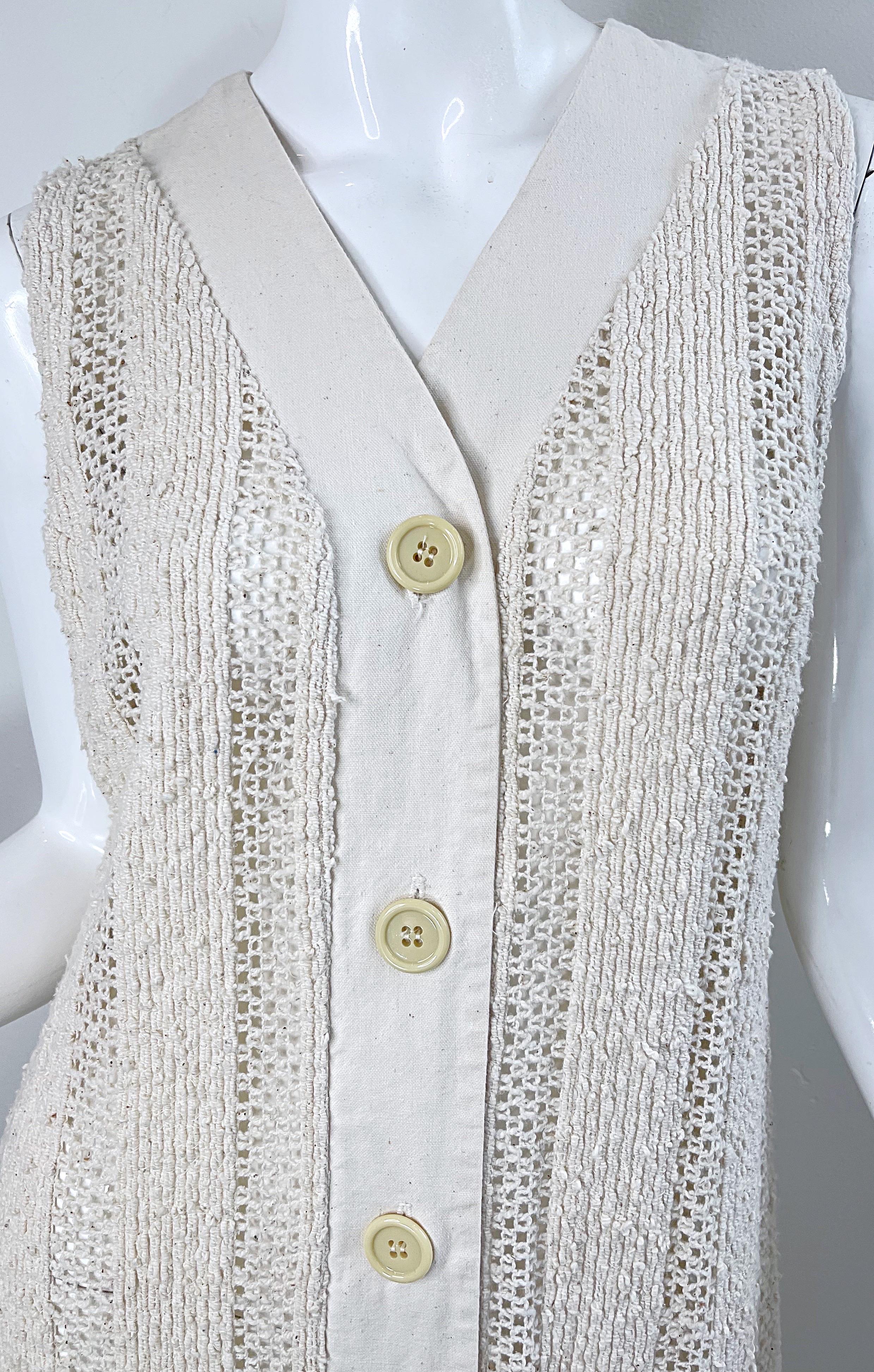 1970s Charm of Hollywood Ivory Off White Crochet Sheer Vintage Maxi Duster Vest For Sale 1