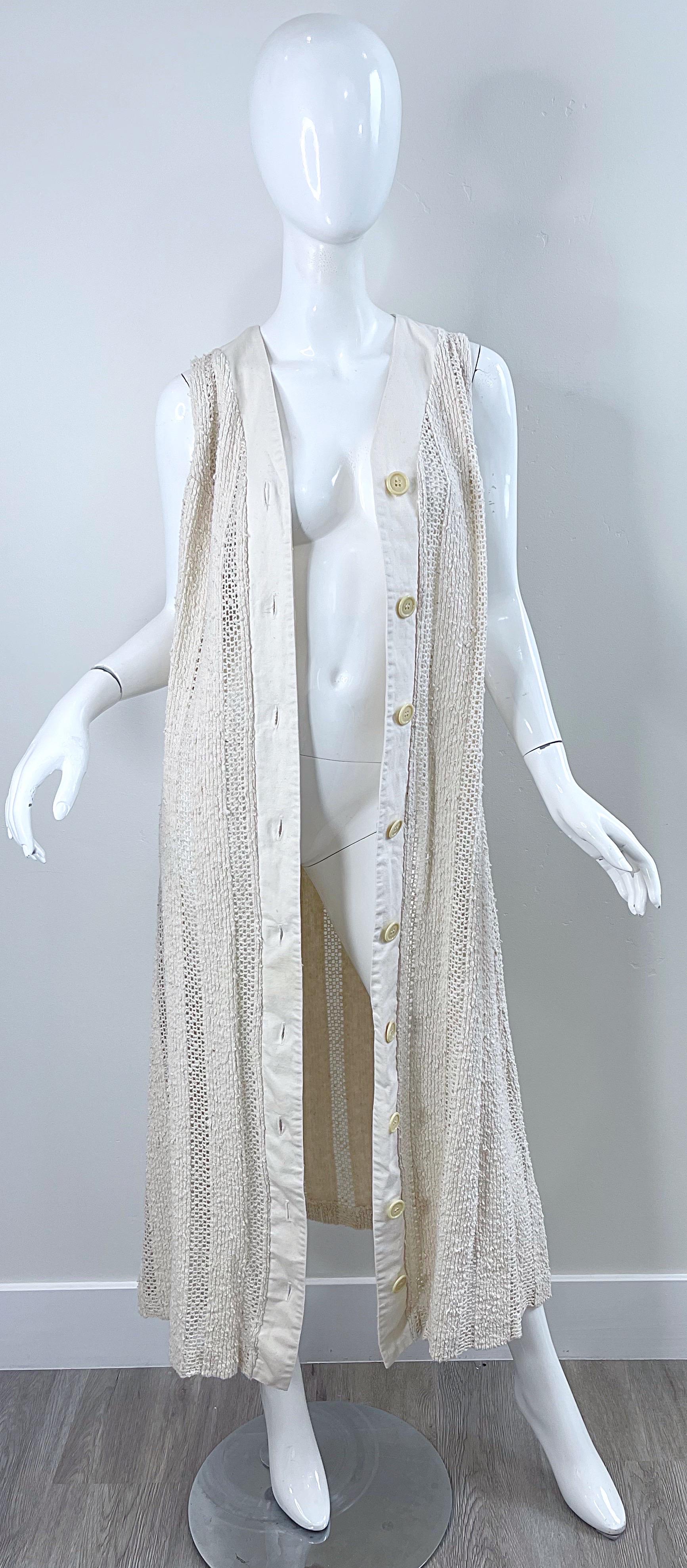 1970s Charm of Hollywood Ivory Off White Crochet Sheer Vintage Maxi Duster Vest For Sale 2