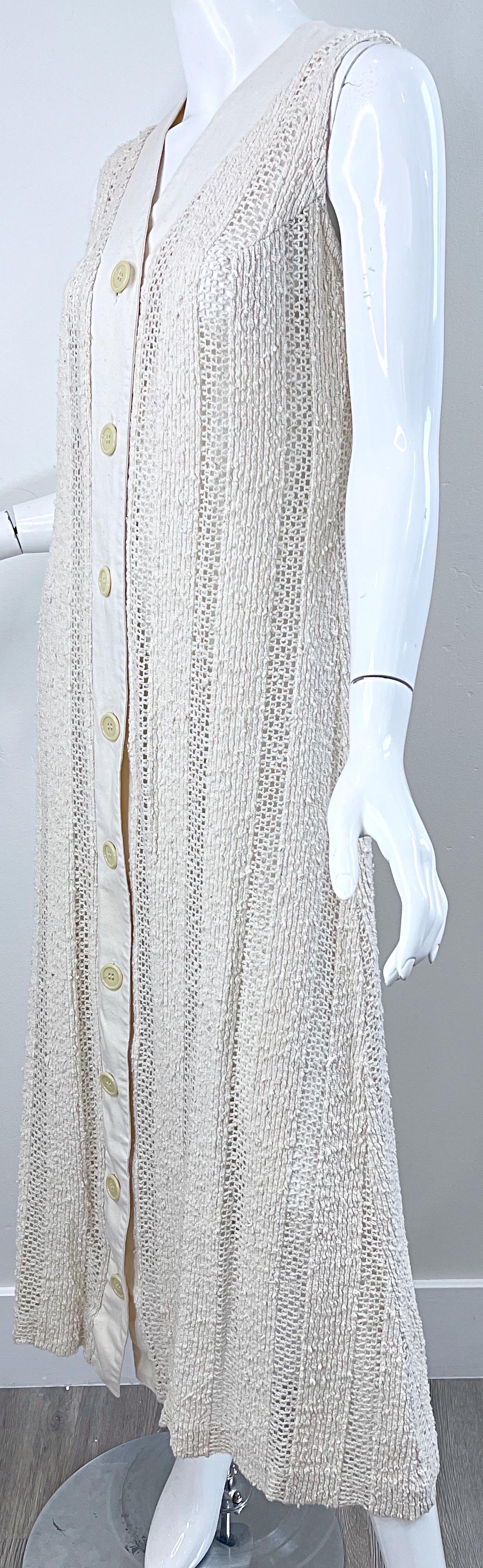 1970s Charm of Hollywood Ivory Off White Crochet Sheer Vintage Maxi Duster Vest For Sale 3