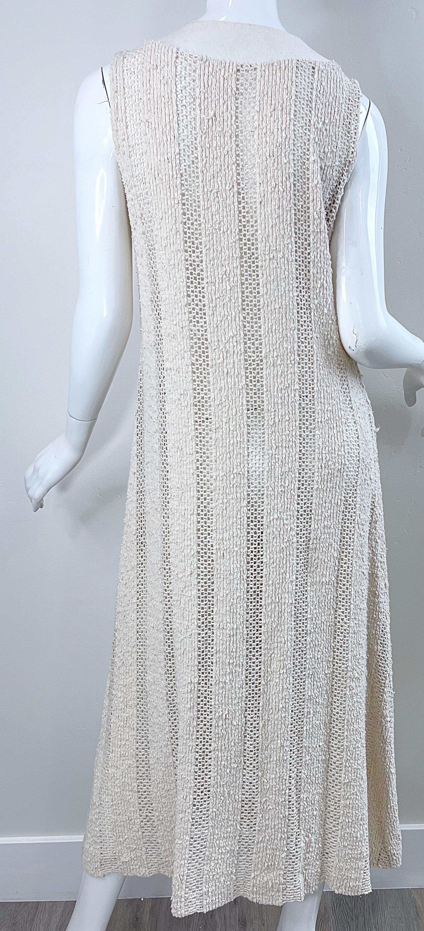 1970s Charm of Hollywood Ivory Off White Crochet Sheer Vintage Maxi Duster Vest For Sale 4