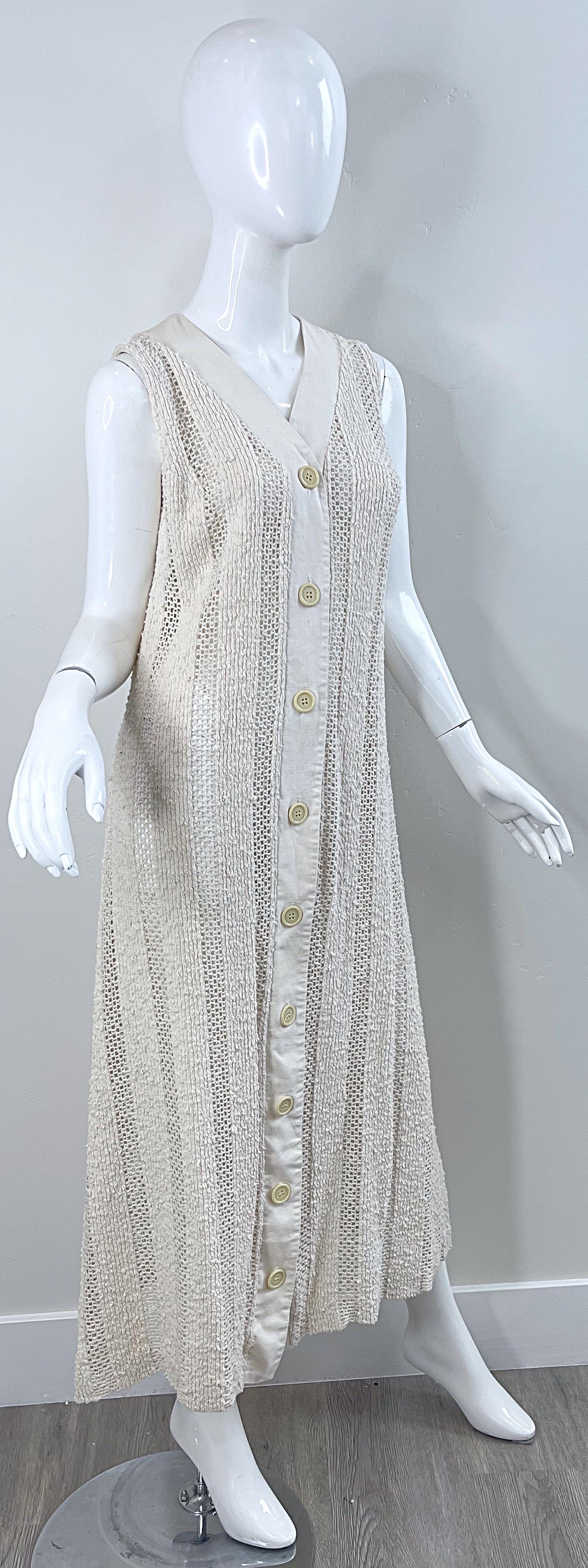 1970s Charm of Hollywood Ivory Off White Crochet Sheer Vintage Maxi Duster Vest For Sale 5