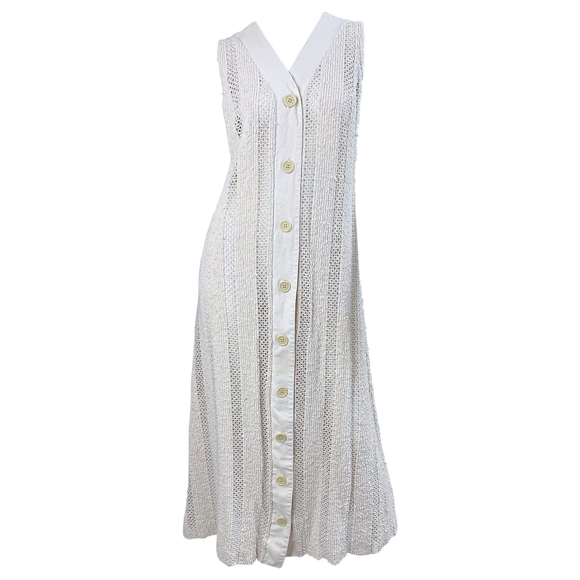 1970s Charm of Hollywood Marfil Blanco roto Crochet Sheer Vintage Maxi Duster Vest