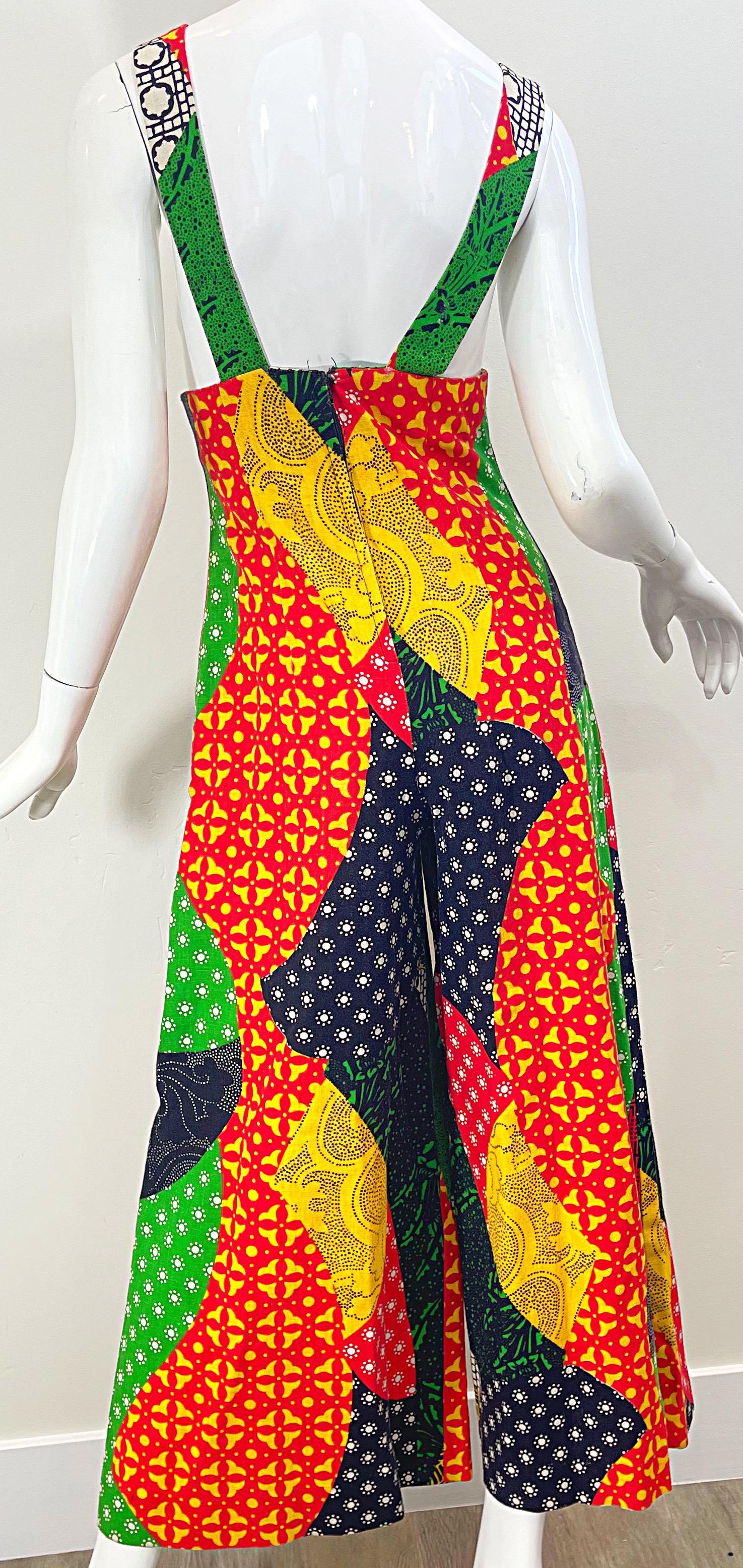 Combinaison vintage à breloques en lin Hollywood avec imprimé patchwork (années 1970) en vente 5