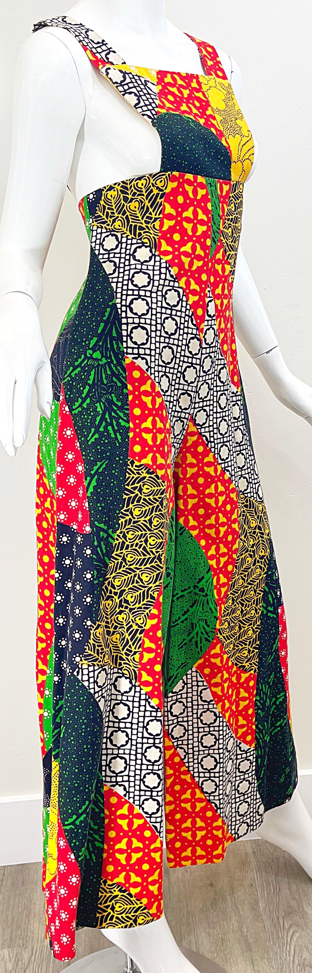 Combinaison vintage à breloques en lin Hollywood avec imprimé patchwork (années 1970) en vente 6