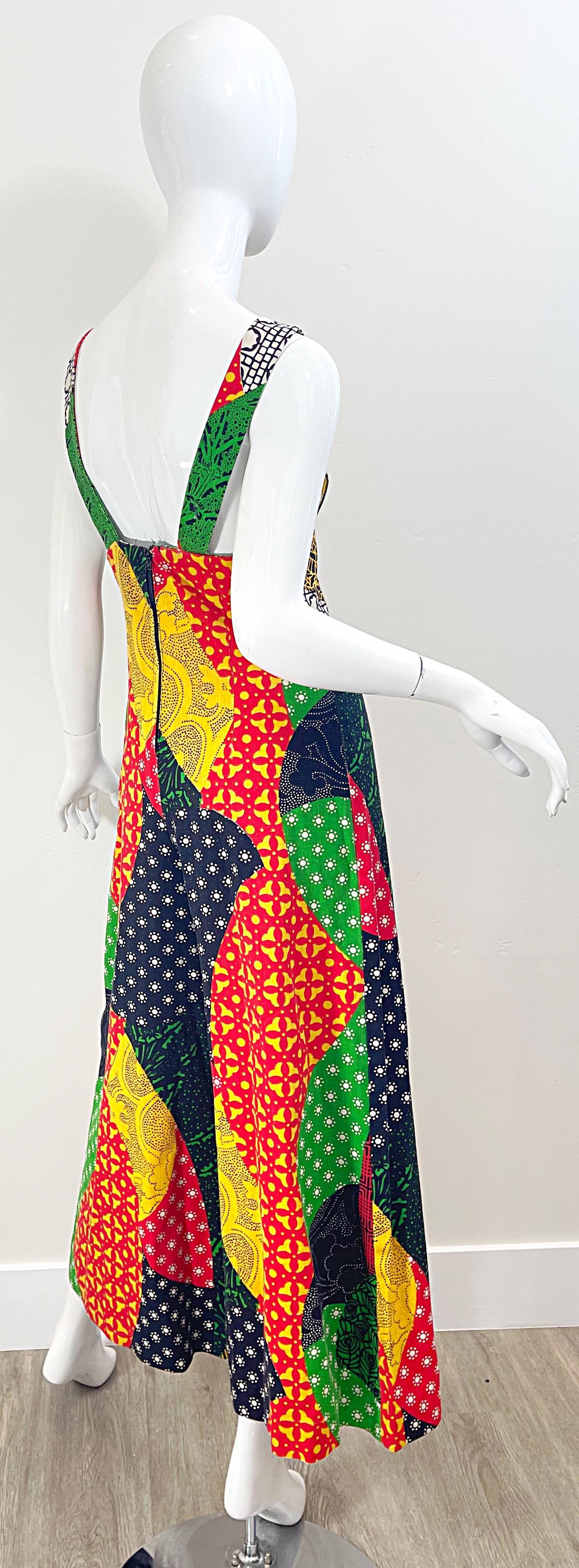 Combinaison vintage à breloques en lin Hollywood avec imprimé patchwork (années 1970) en vente 8