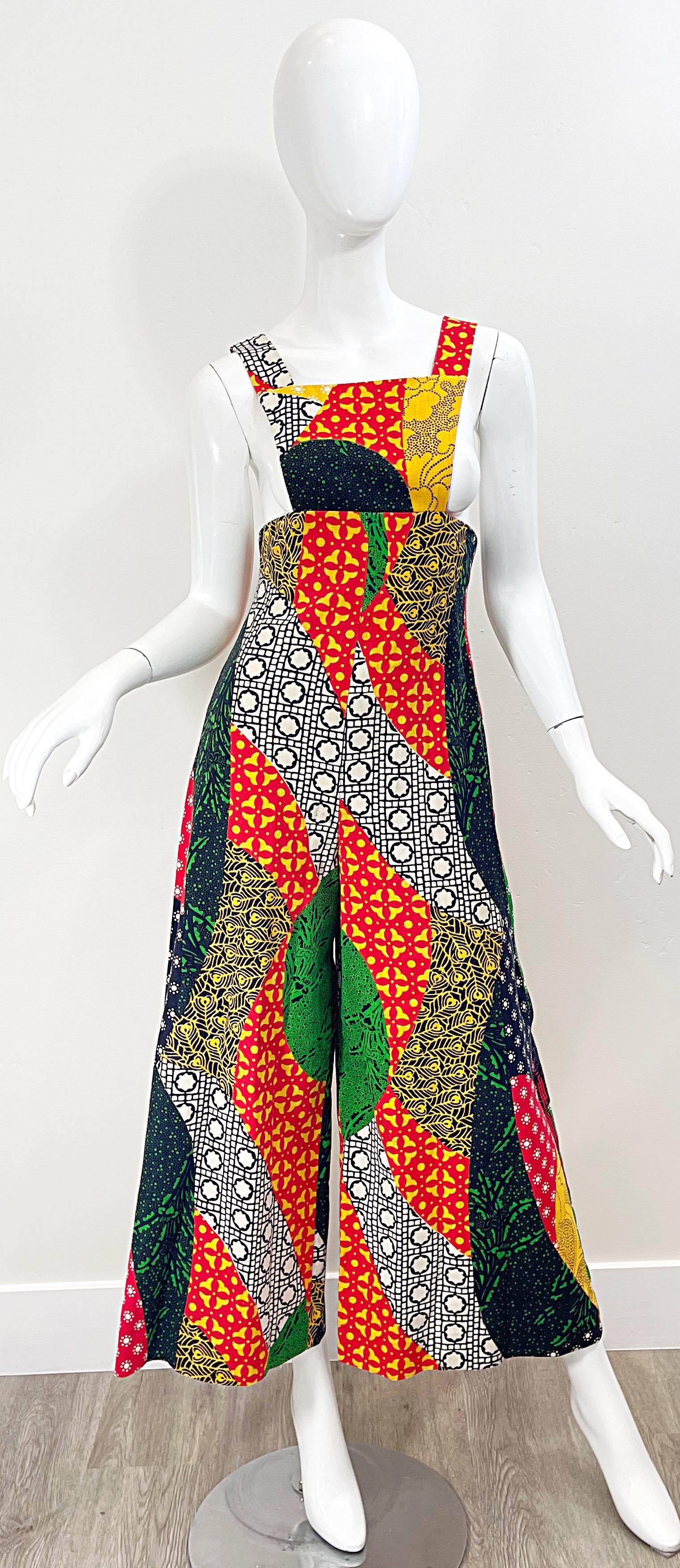 Combinaison vintage à breloques en lin Hollywood avec imprimé patchwork (années 1970) en vente 9
