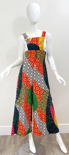 1970s Charm of Hollywood Linen Patchwork Print 70s Vintage Overalls Jumpsuit