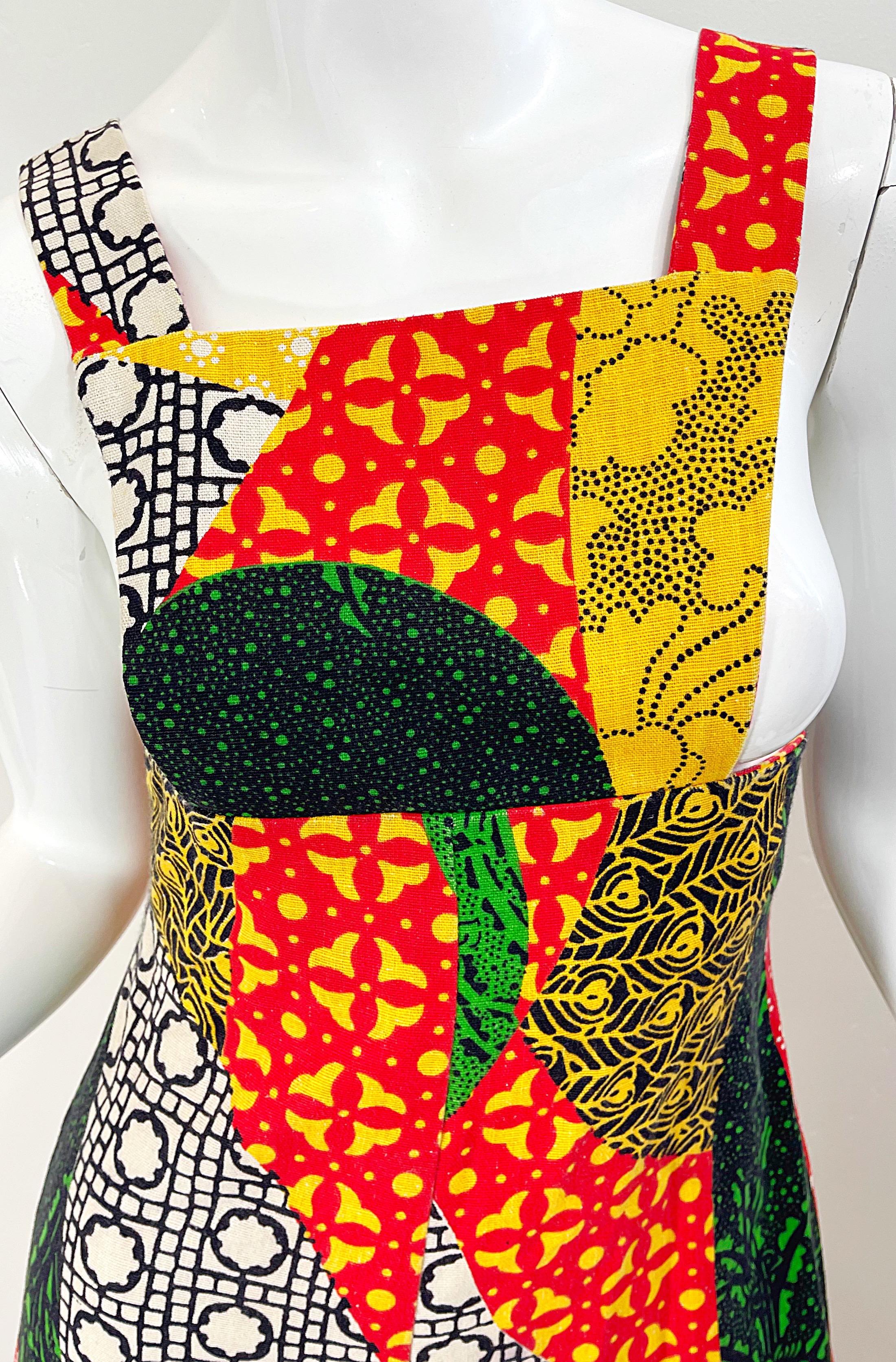 Combinaison vintage à breloques en lin Hollywood avec imprimé patchwork (années 1970) Pour femmes en vente