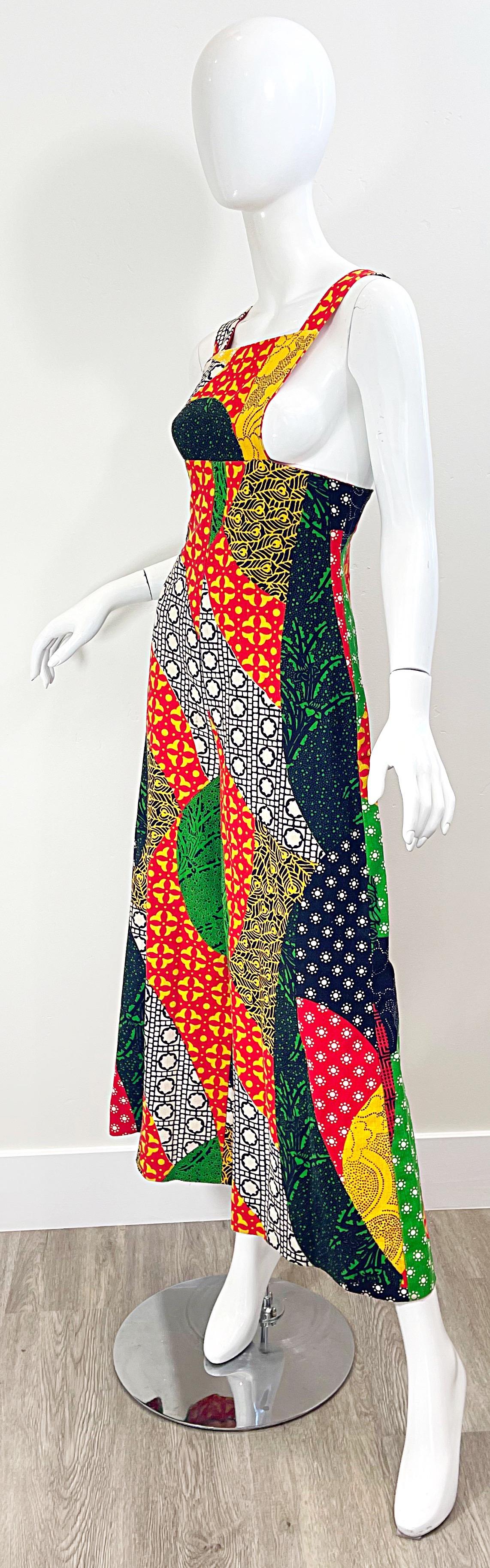 Combinaison vintage à breloques en lin Hollywood avec imprimé patchwork (années 1970) en vente 1