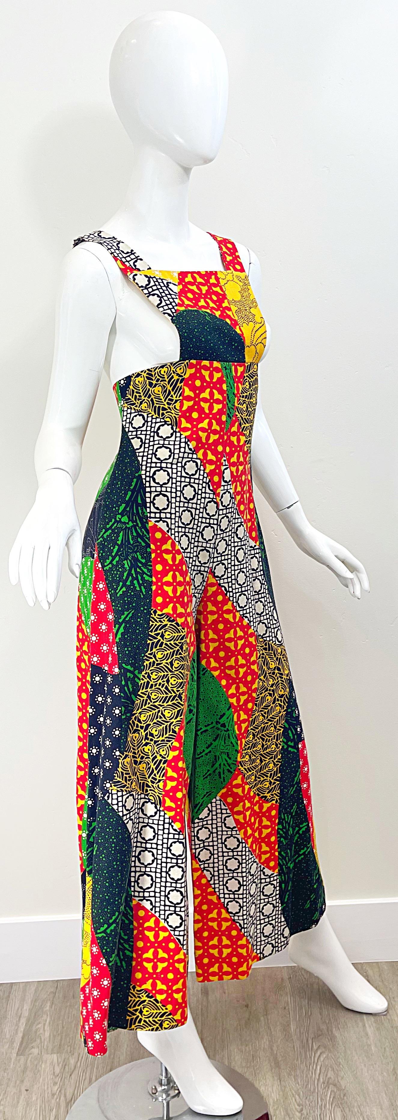 Combinaison vintage à breloques en lin Hollywood avec imprimé patchwork (années 1970) en vente 2