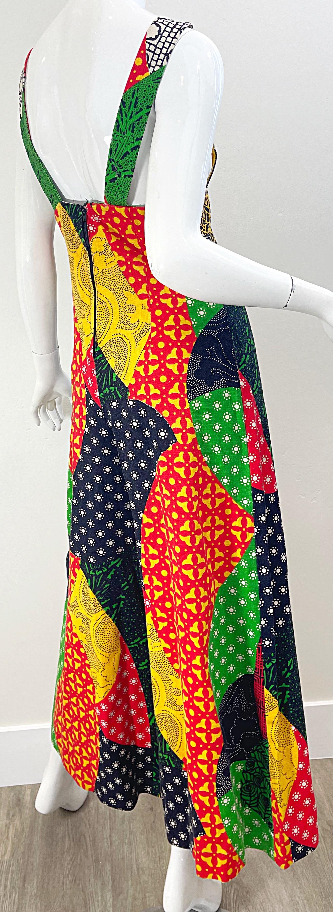 Combinaison vintage à breloques en lin Hollywood avec imprimé patchwork (années 1970) en vente 3