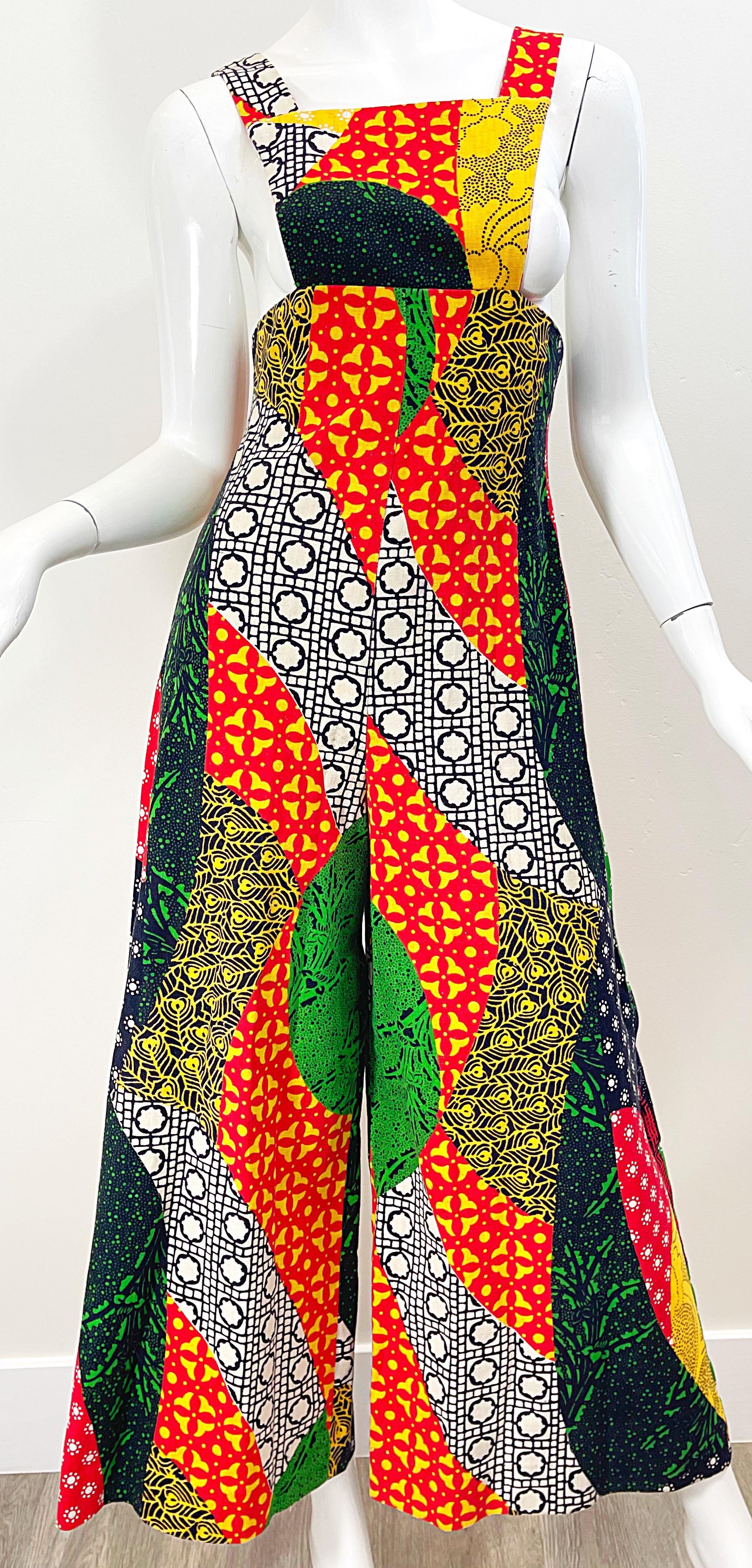 Combinaison vintage à breloques en lin Hollywood avec imprimé patchwork (années 1970) en vente 4