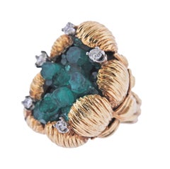 1970s Chatham Emerald Diamond Gold Free Form Ring