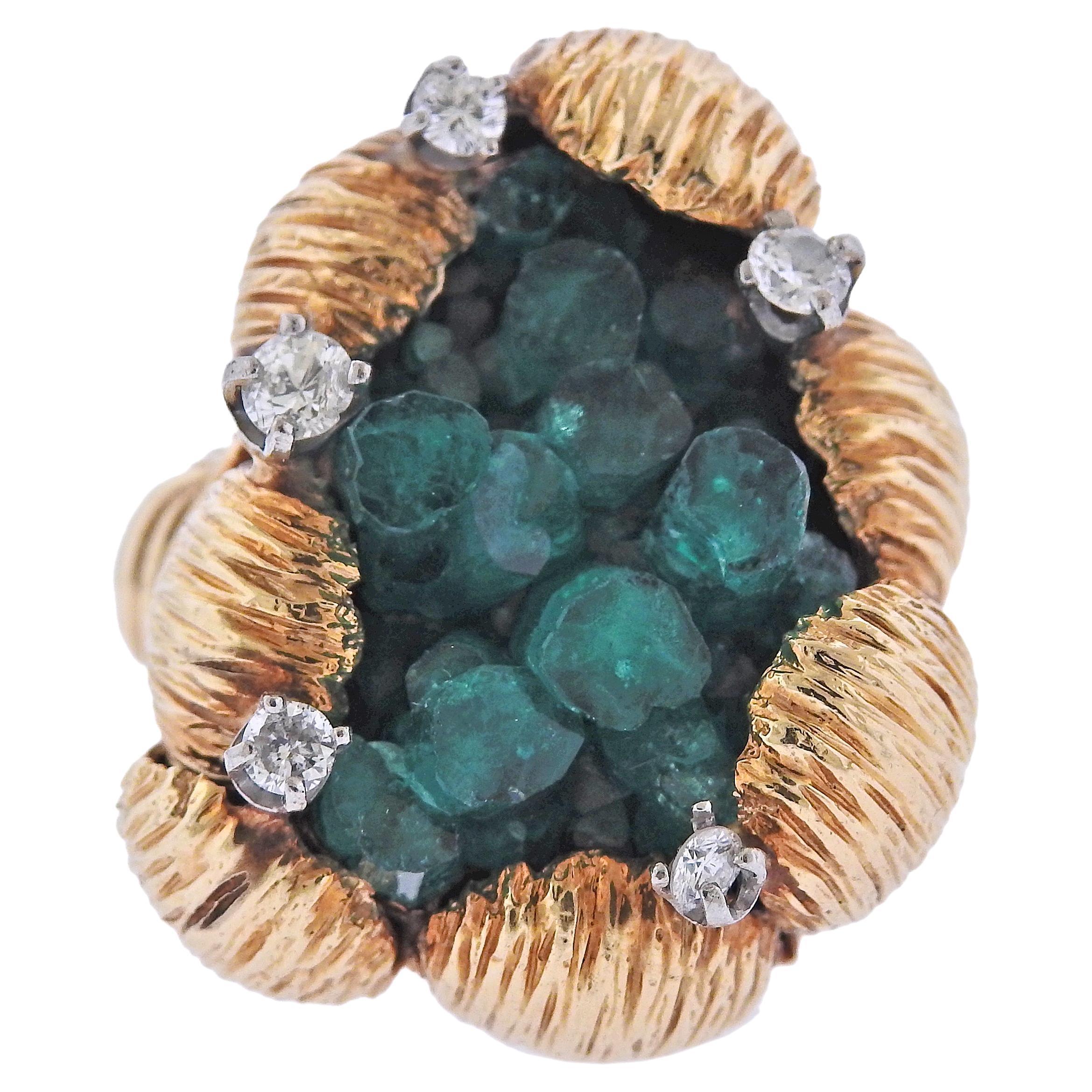 1970s Chatham Emerald Diamond Gold Free Form Ring