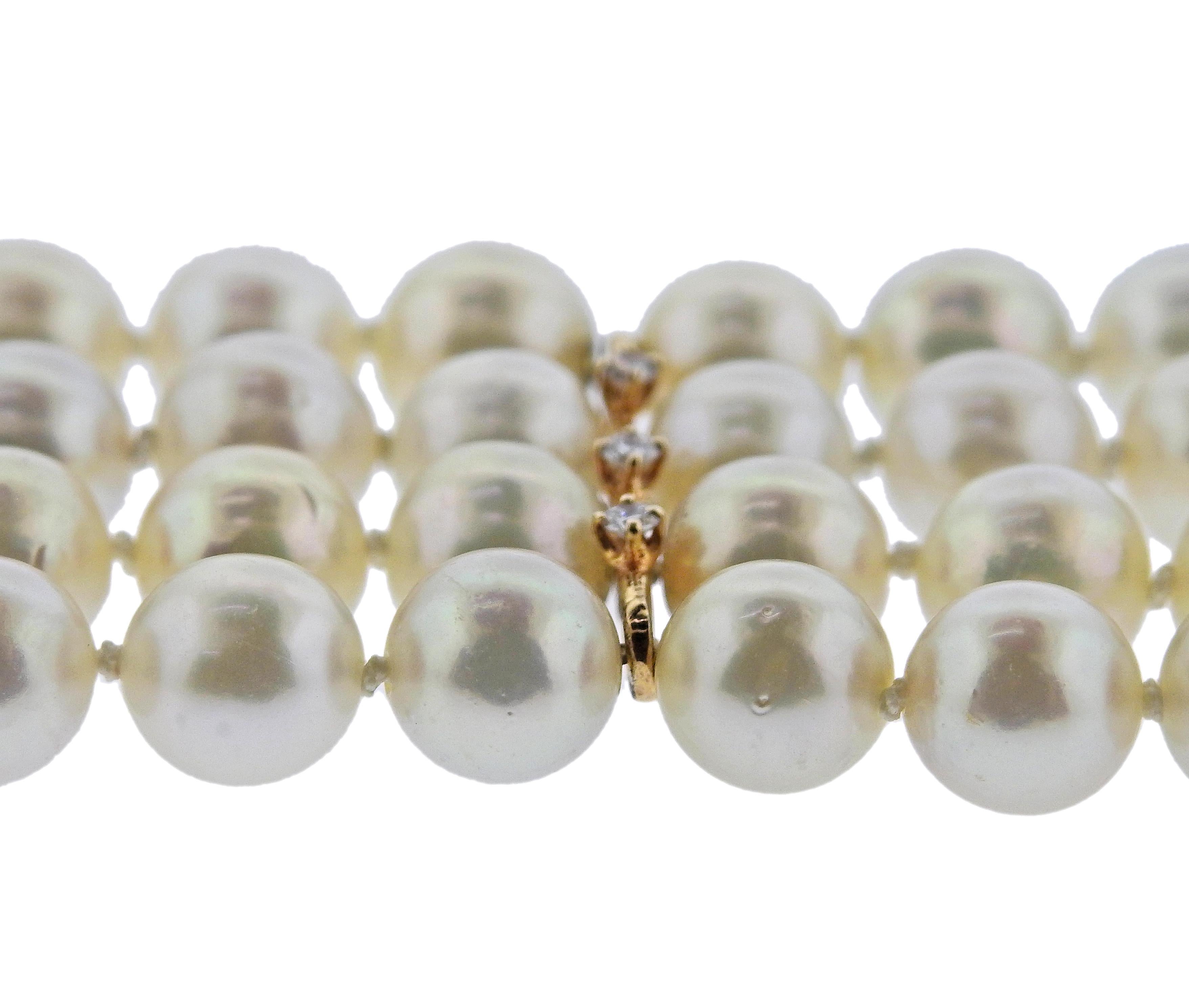Round Cut 1970s Chatham Emerald Diamond Pearl Gold Bracelet For Sale