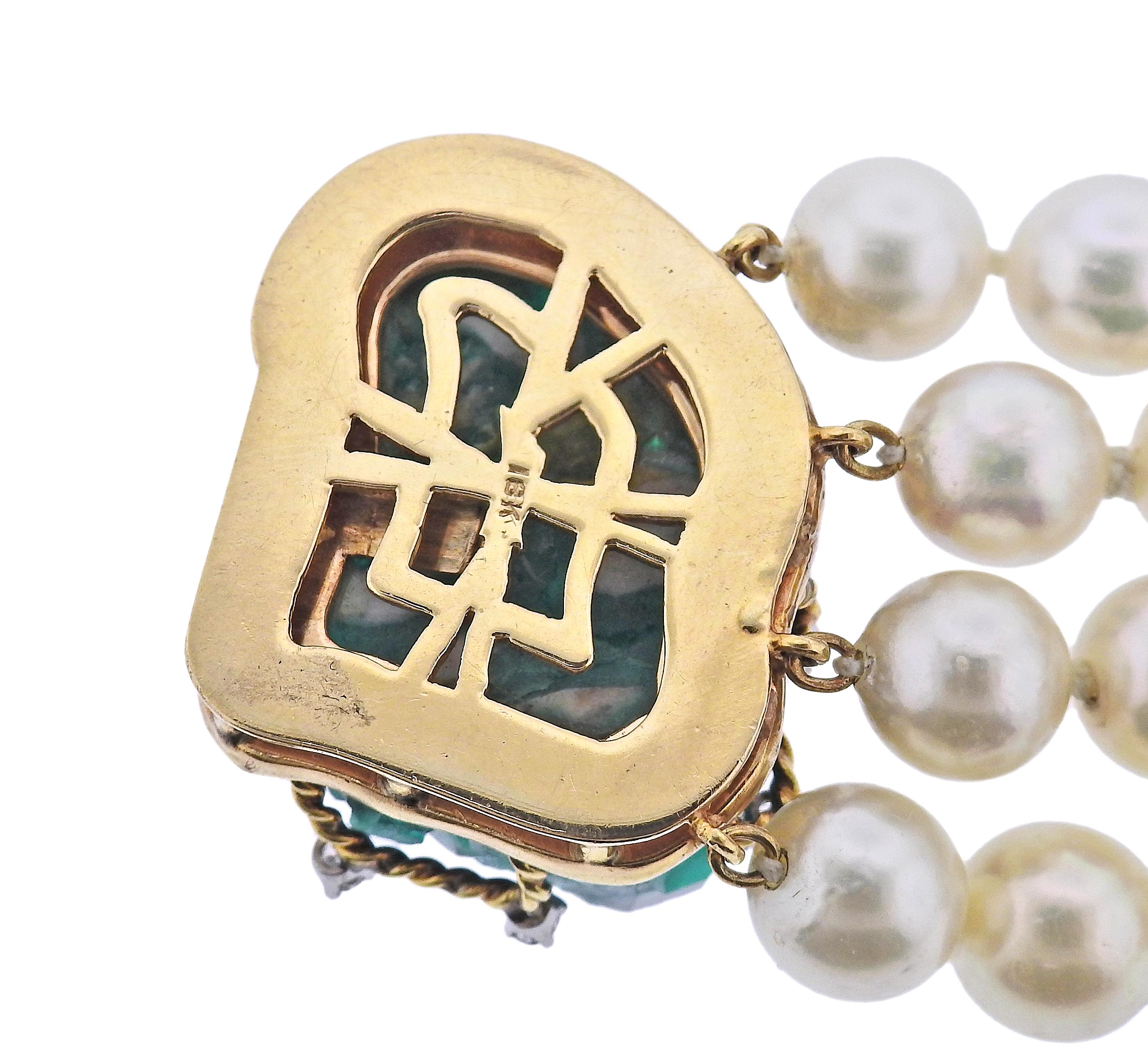 1970er Jahre Chatham Smaragd-Diamant-Perlen-Goldarmband im Zustand „Hervorragend“ im Angebot in New York, NY