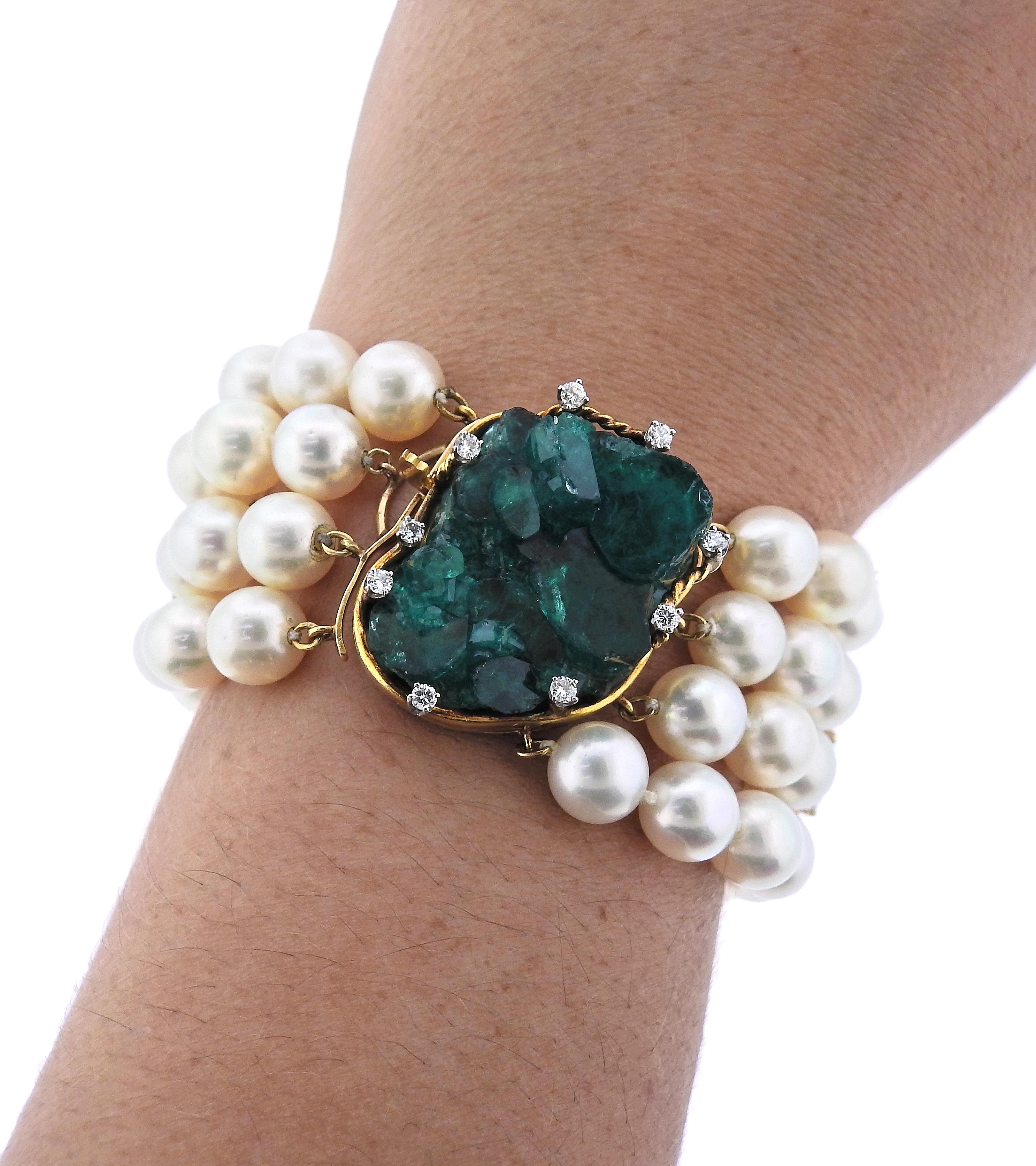Women's 1970s Chatham Emerald Diamond Pearl Gold Bracelet For Sale