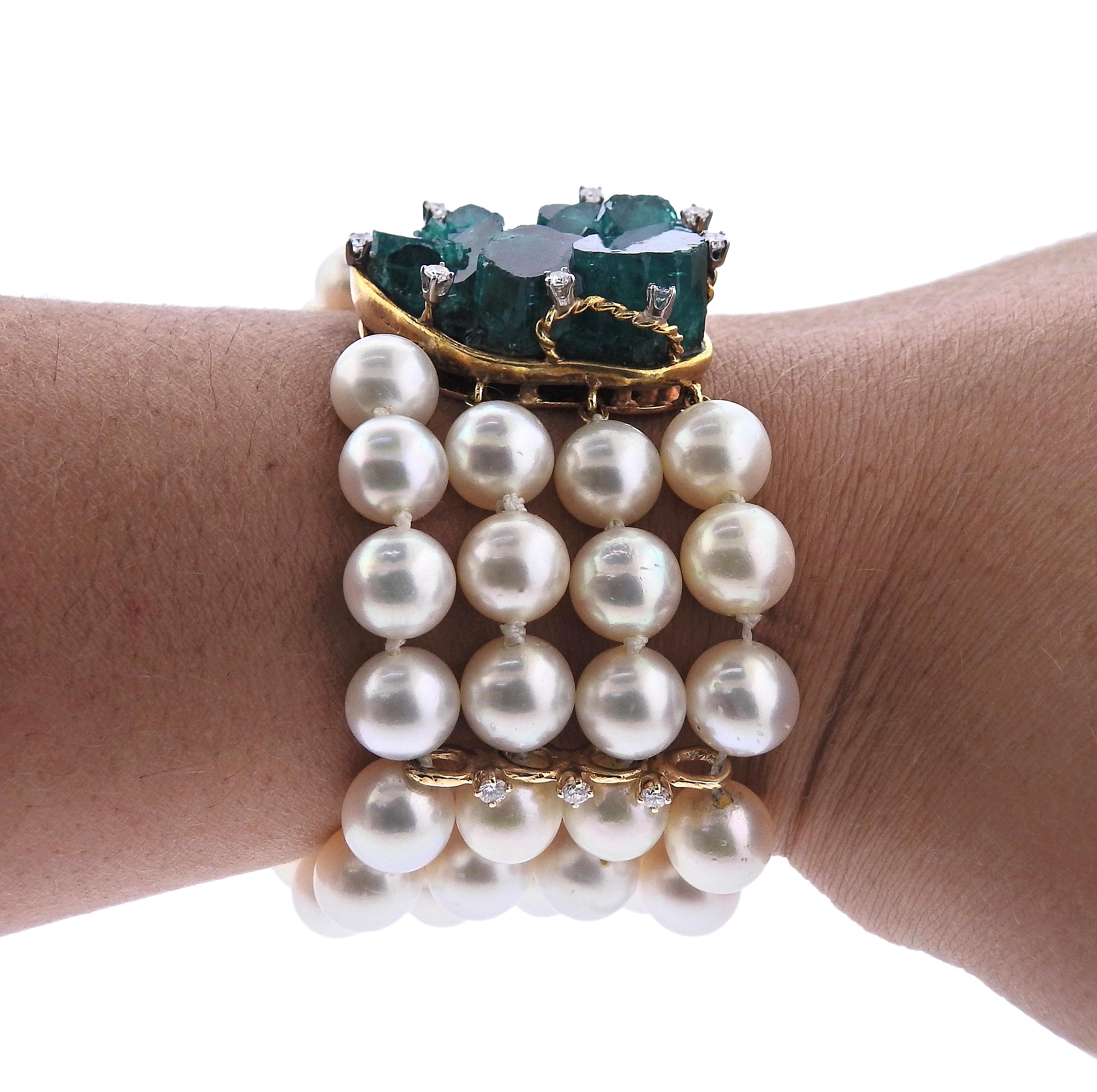1970s Chatham Emerald Diamond Pearl Gold Bracelet For Sale 1