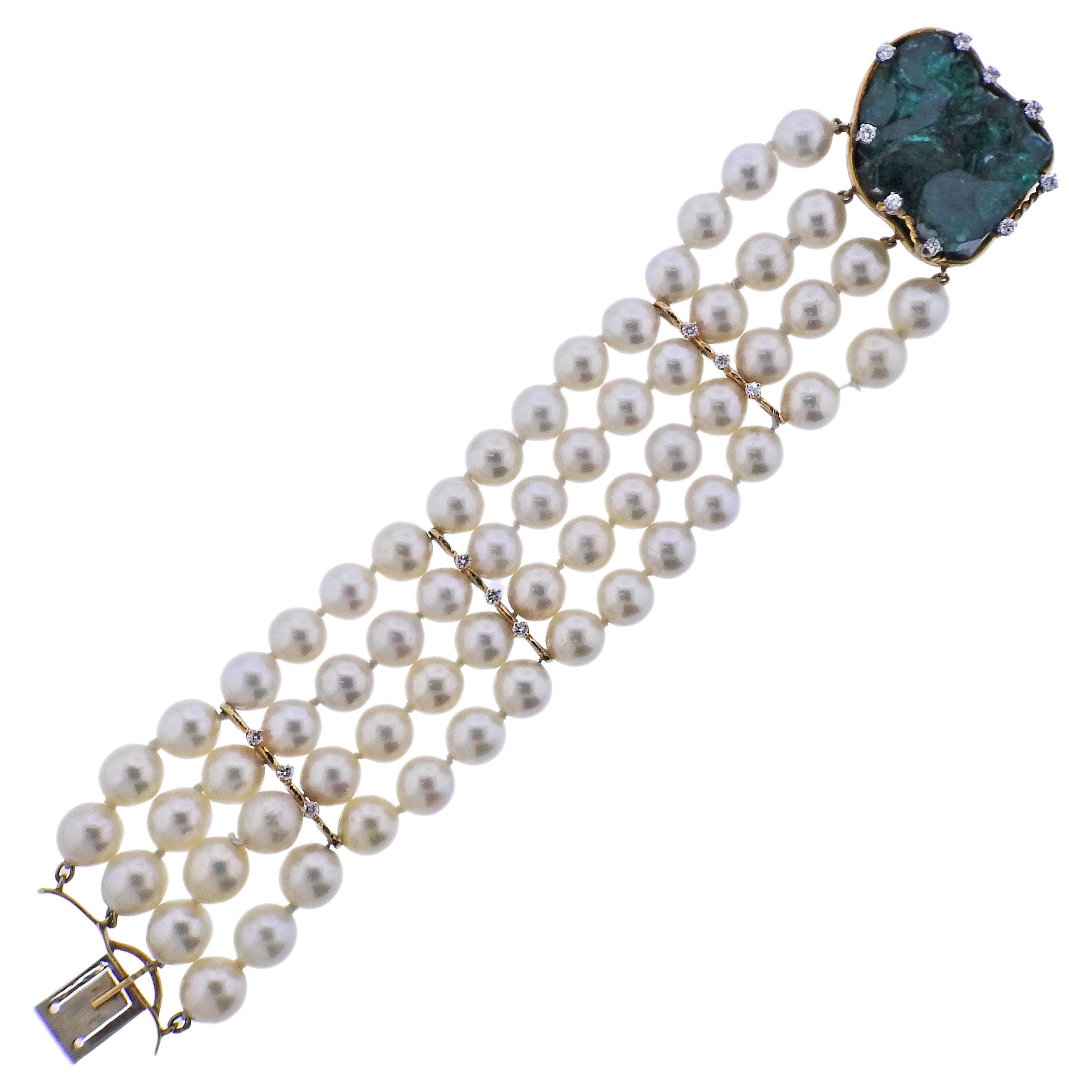 1970s Chatham Emerald Diamond Pearl Gold Bracelet For Sale