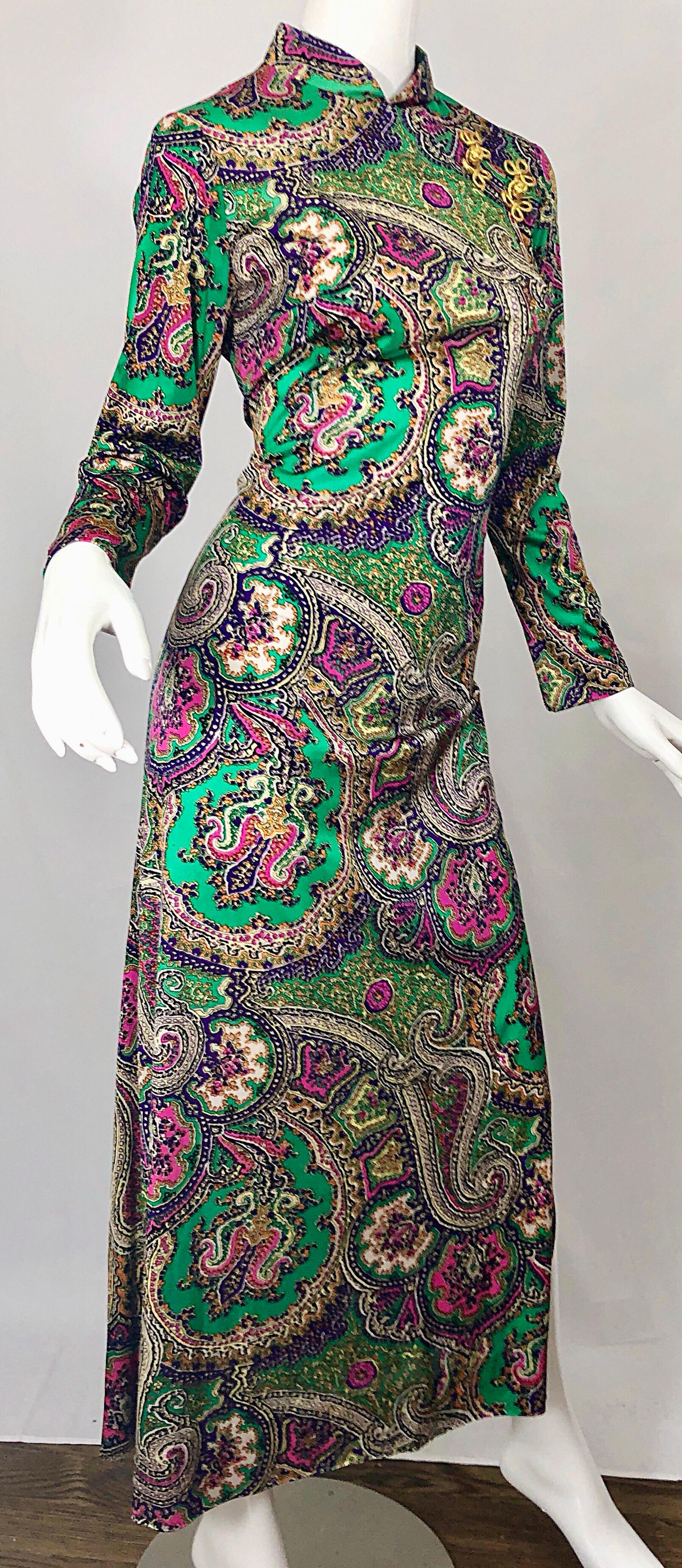 1970s Cheongsam Inspired Colorful Paisley Print Jersey Long Sleeve Maxi Dress 6