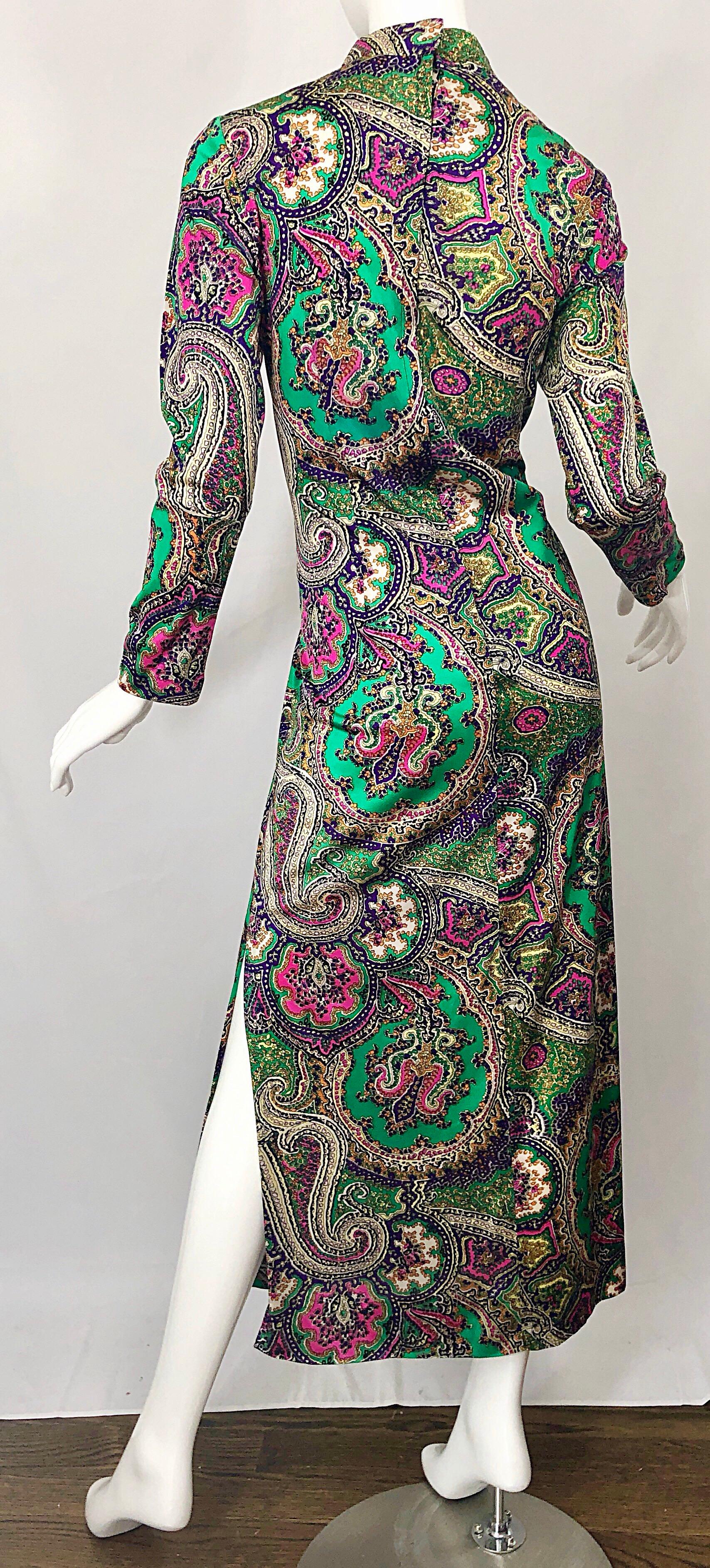 1970s Cheongsam Inspired Colorful Paisley Print Jersey Long Sleeve Maxi Dress 7