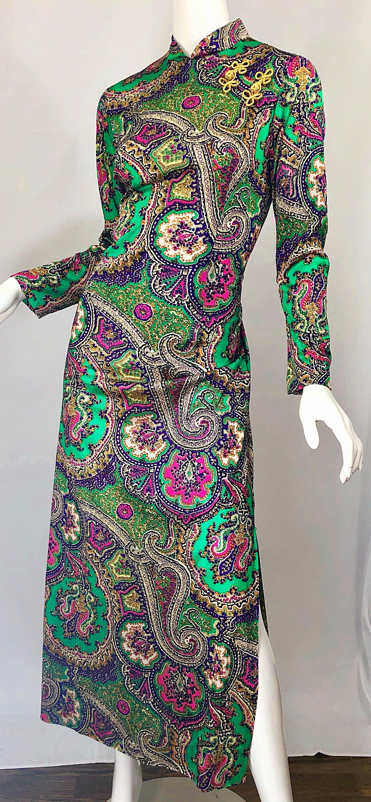 1970s Cheongsam Inspired Colorful Paisley Print Jersey Long Sleeve Maxi Dress 8
