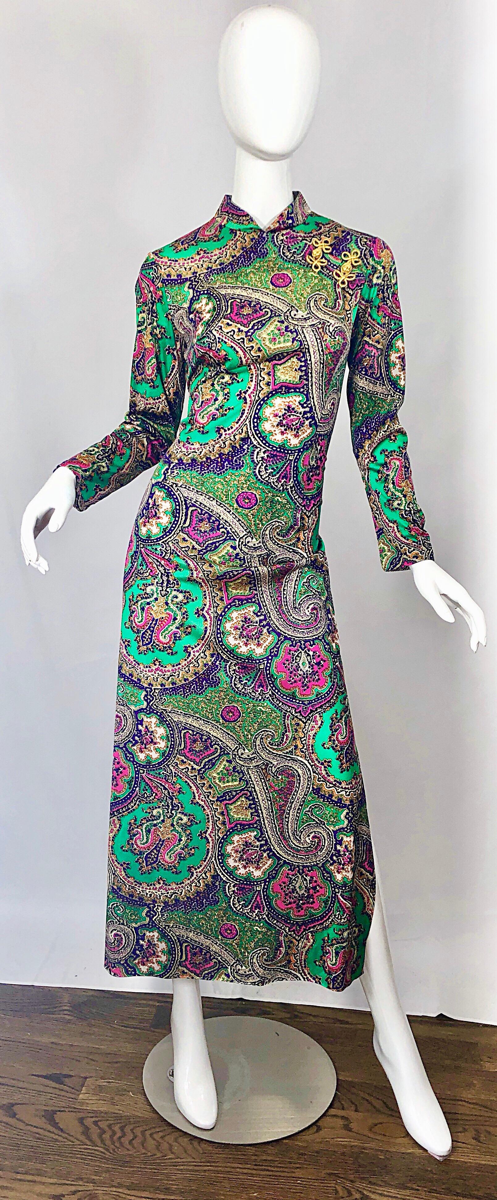 1970s Cheongsam Inspired Colorful Paisley Print Jersey Long Sleeve Maxi Dress 9