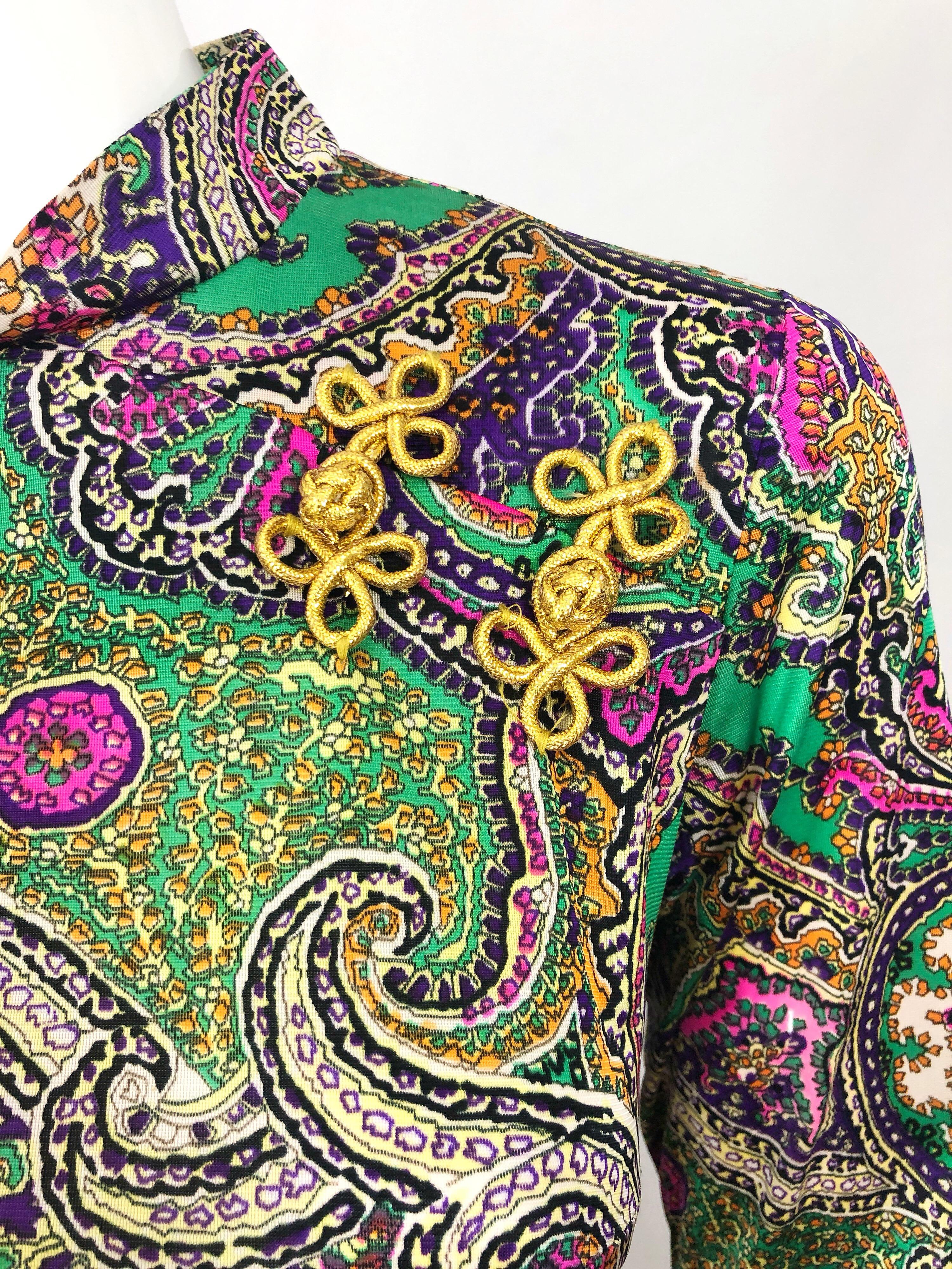Gray 1970s Cheongsam Inspired Colorful Paisley Print Jersey Long Sleeve Maxi Dress