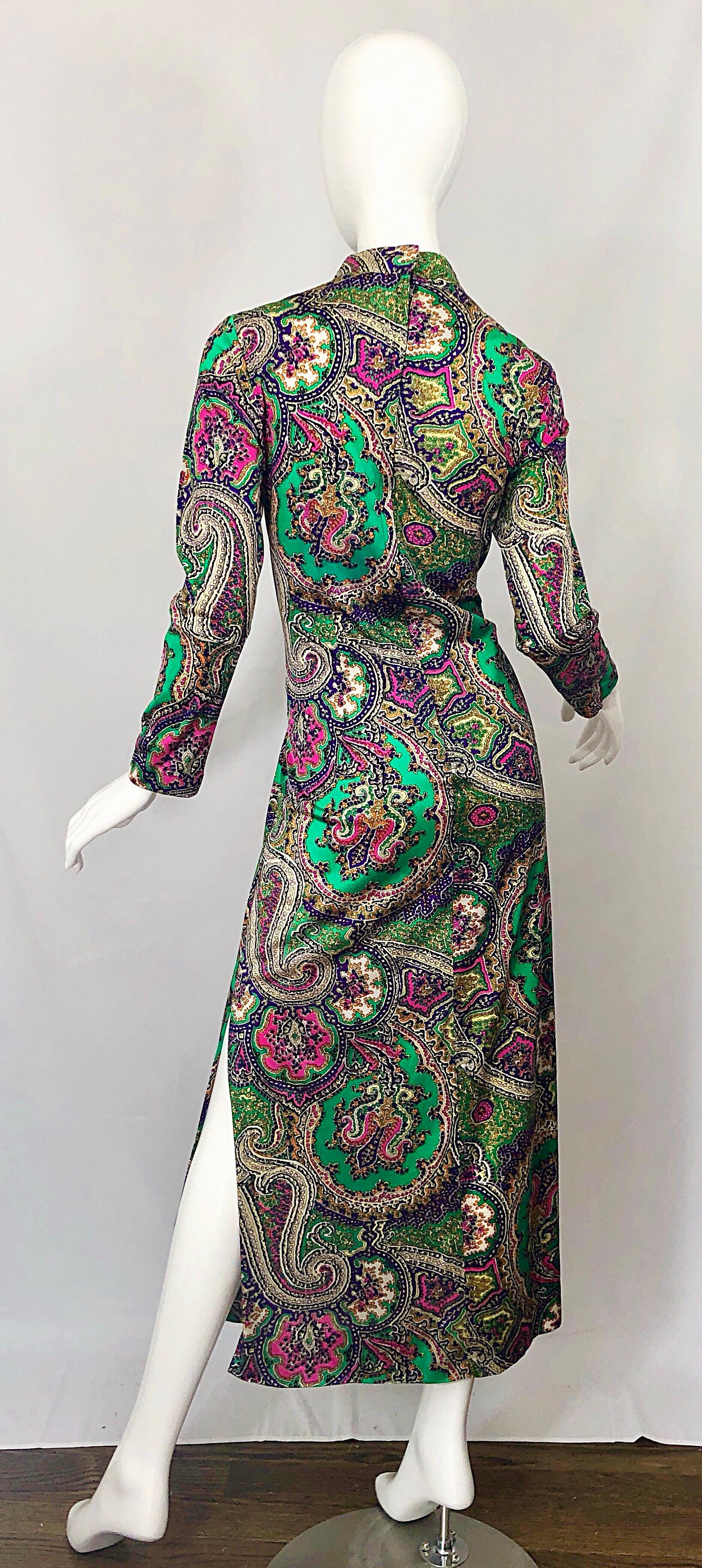 Women's 1970s Cheongsam Inspired Colorful Paisley Print Jersey Long Sleeve Maxi Dress