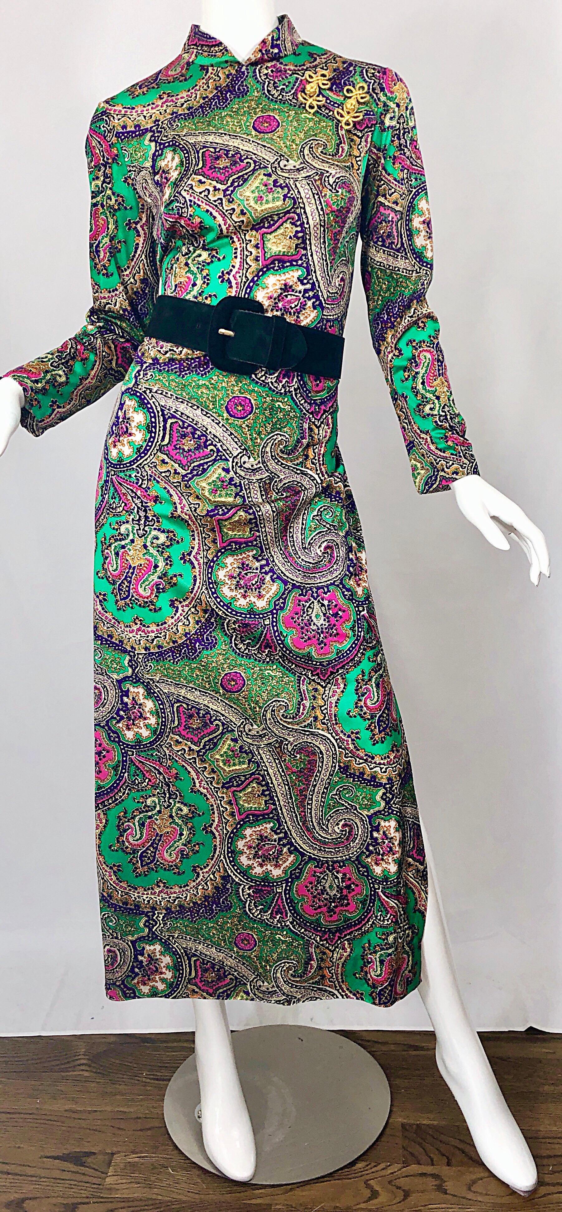 1970s Cheongsam Inspired Colorful Paisley Print Jersey Long Sleeve Maxi Dress 1