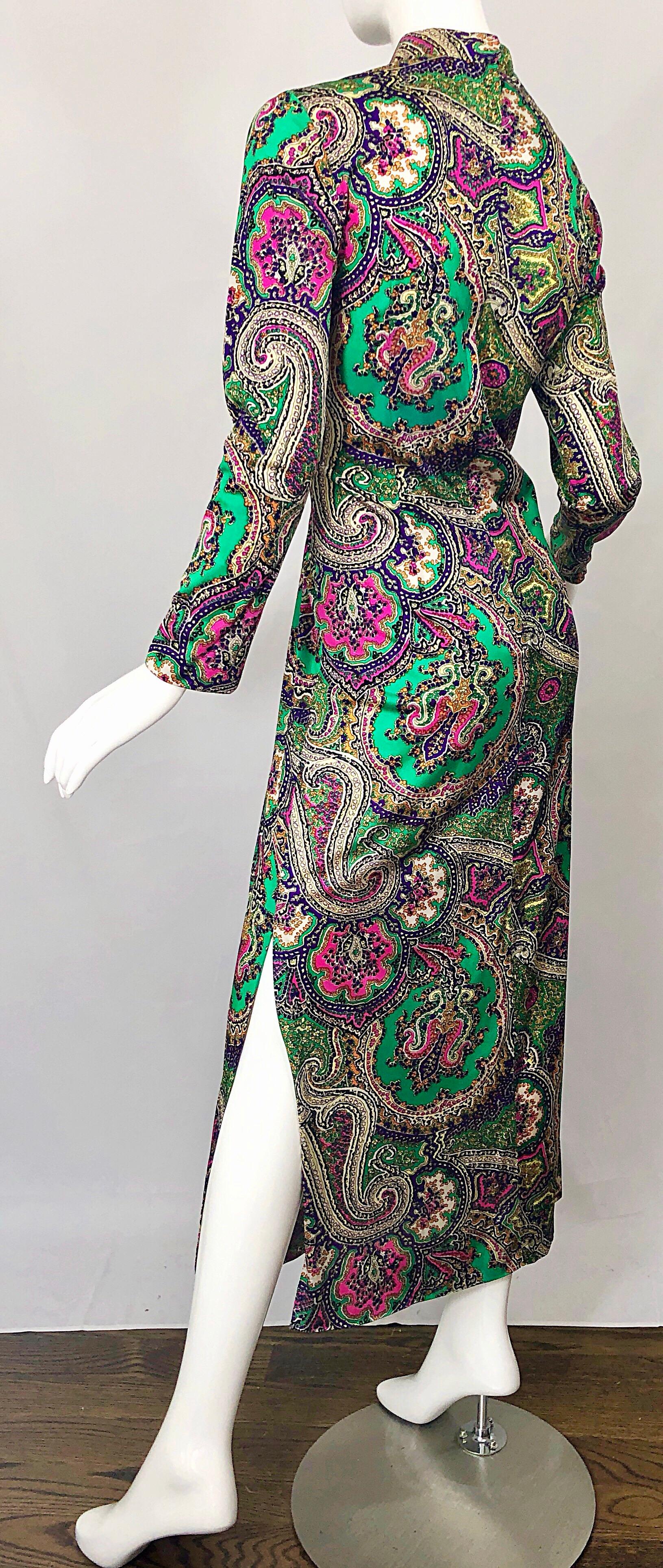 1970s Cheongsam Inspired Colorful Paisley Print Jersey Long Sleeve Maxi Dress 3
