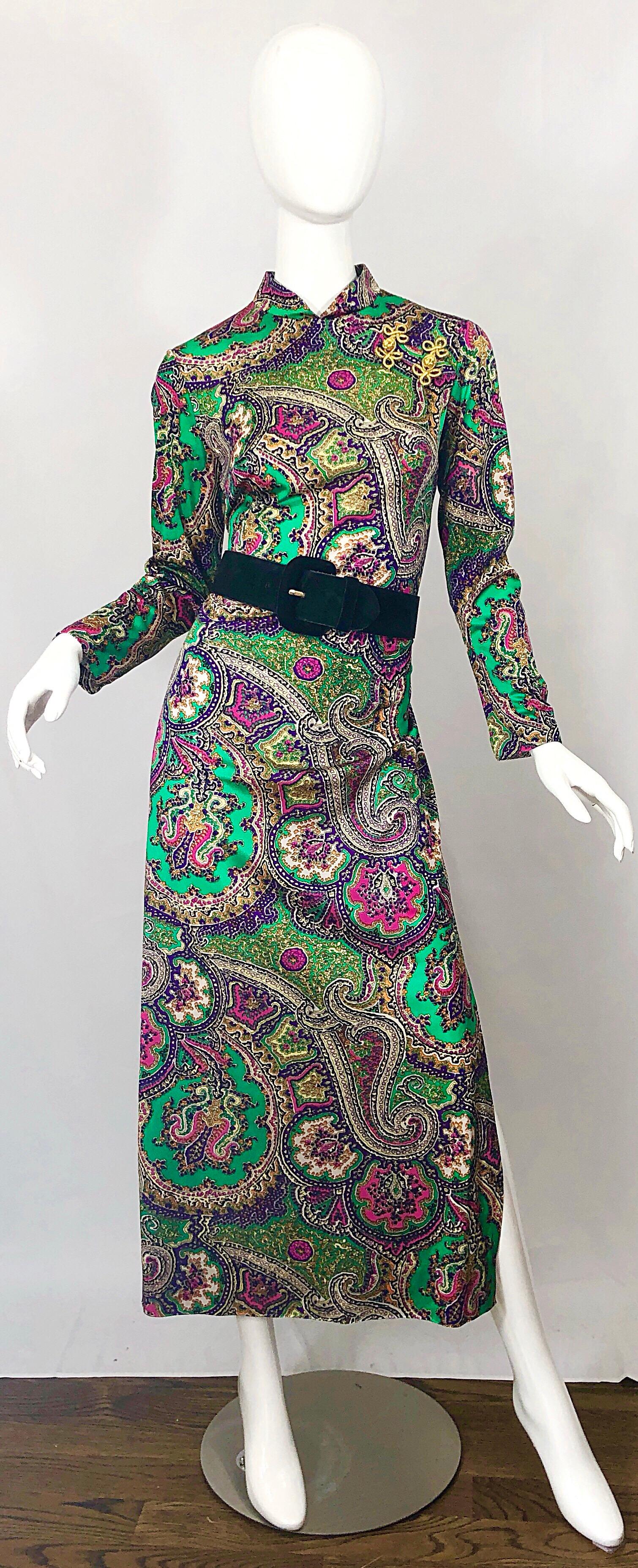 1970s Cheongsam Inspired Colorful Paisley Print Jersey Long Sleeve Maxi Dress 4