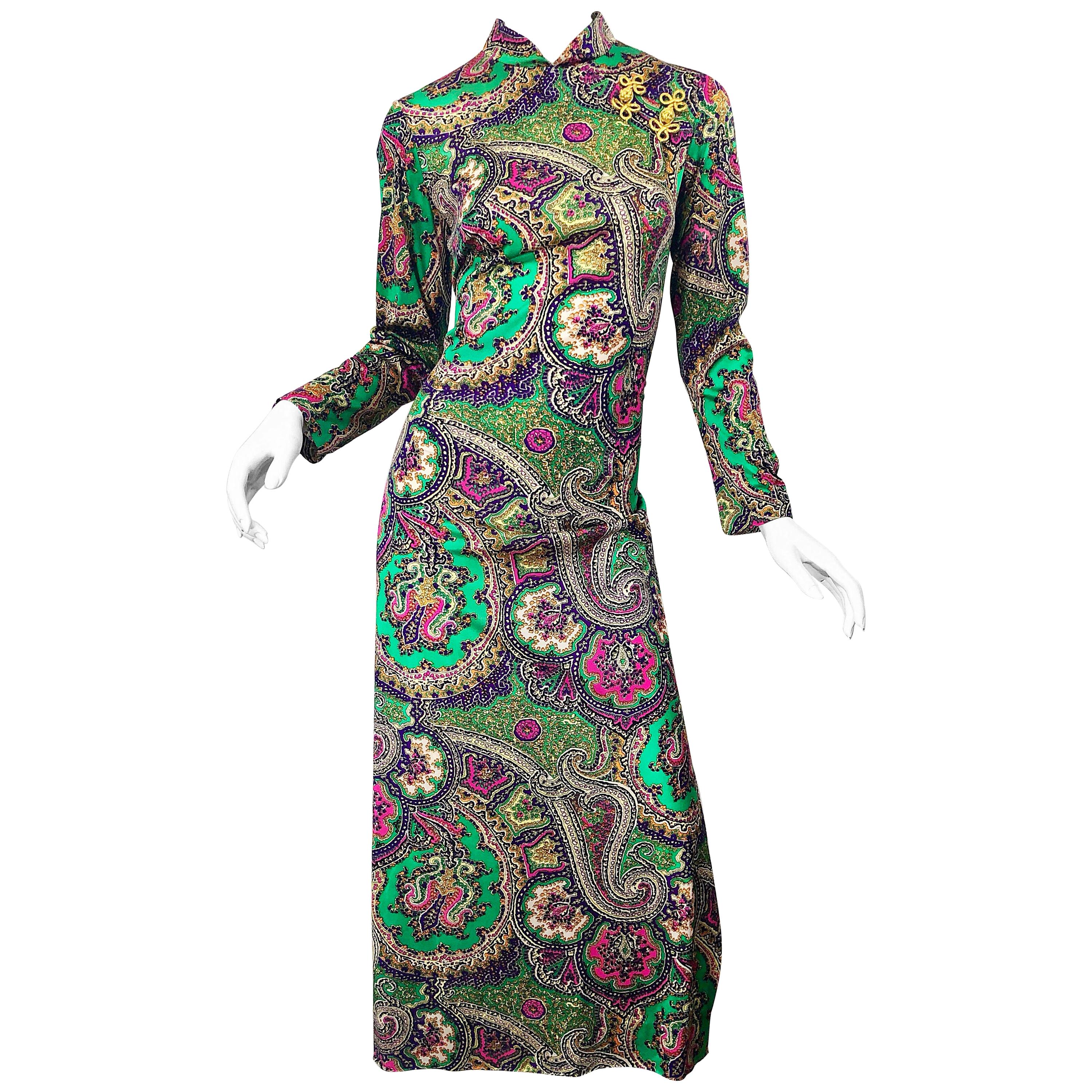 1970s Cheongsam Inspired Colorful Paisley Print Jersey Long Sleeve Maxi Dress