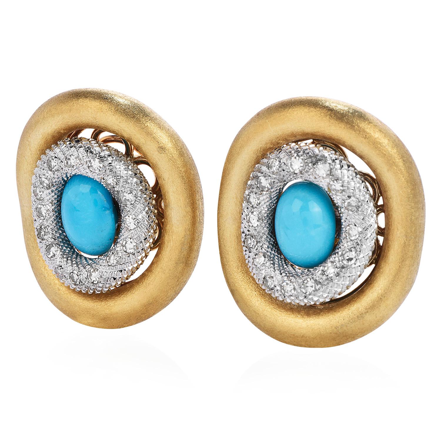 Dazzle yourself with these chic 1970's diamond turquoise vintage earrings.

Turquoise & Diamond Earrings bring the soft blue of the ocean to your ensemble with an approximate total weight of 36.0 grams, 

Crafted in heavy solid 18K yellow and white